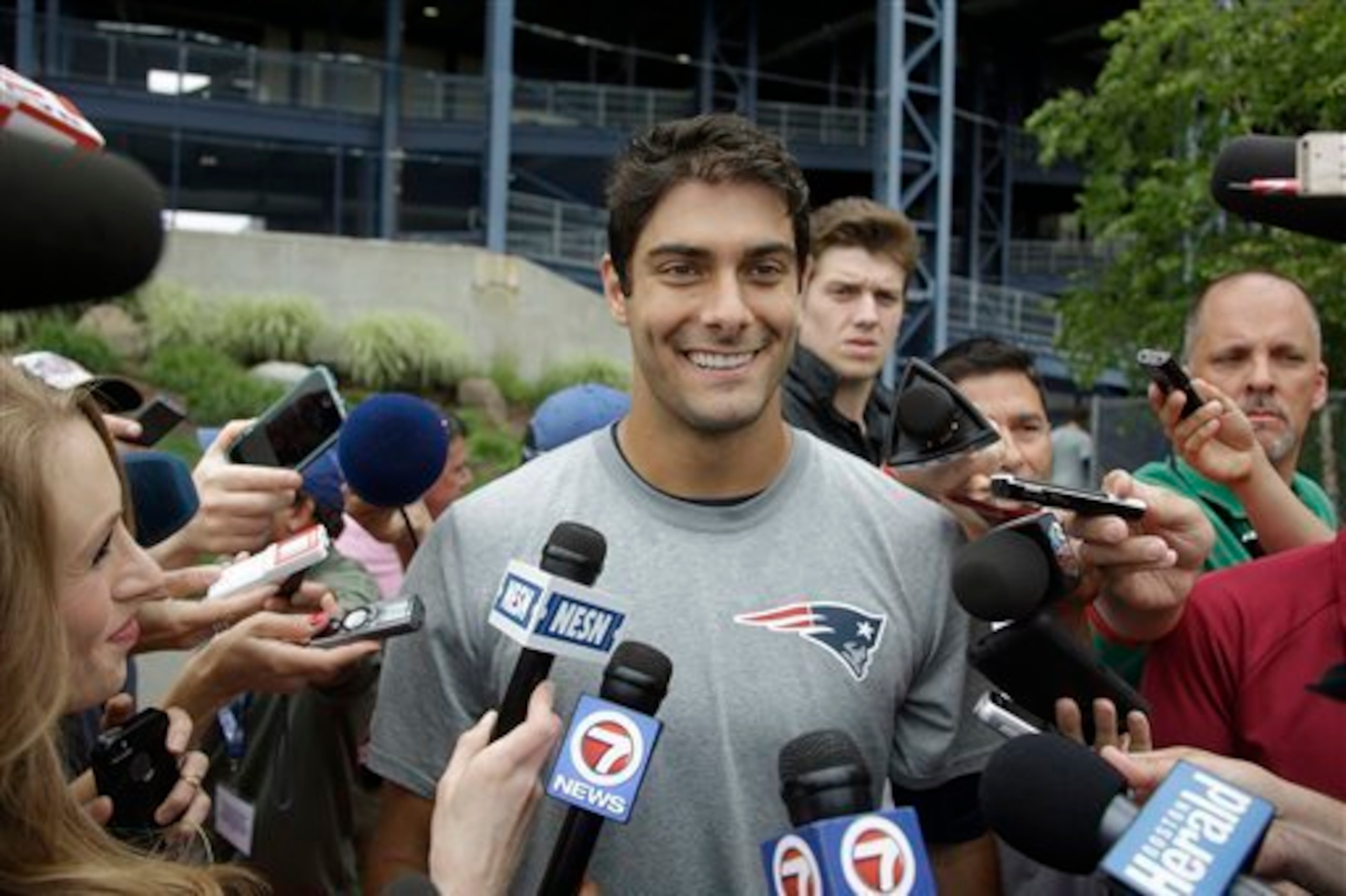 New England Patriots backup QB Jimmy Garoppolo answers questions from reporters in June. New England Patriots backup QB Jimmy Garoppolo answers questions from reporters in June.