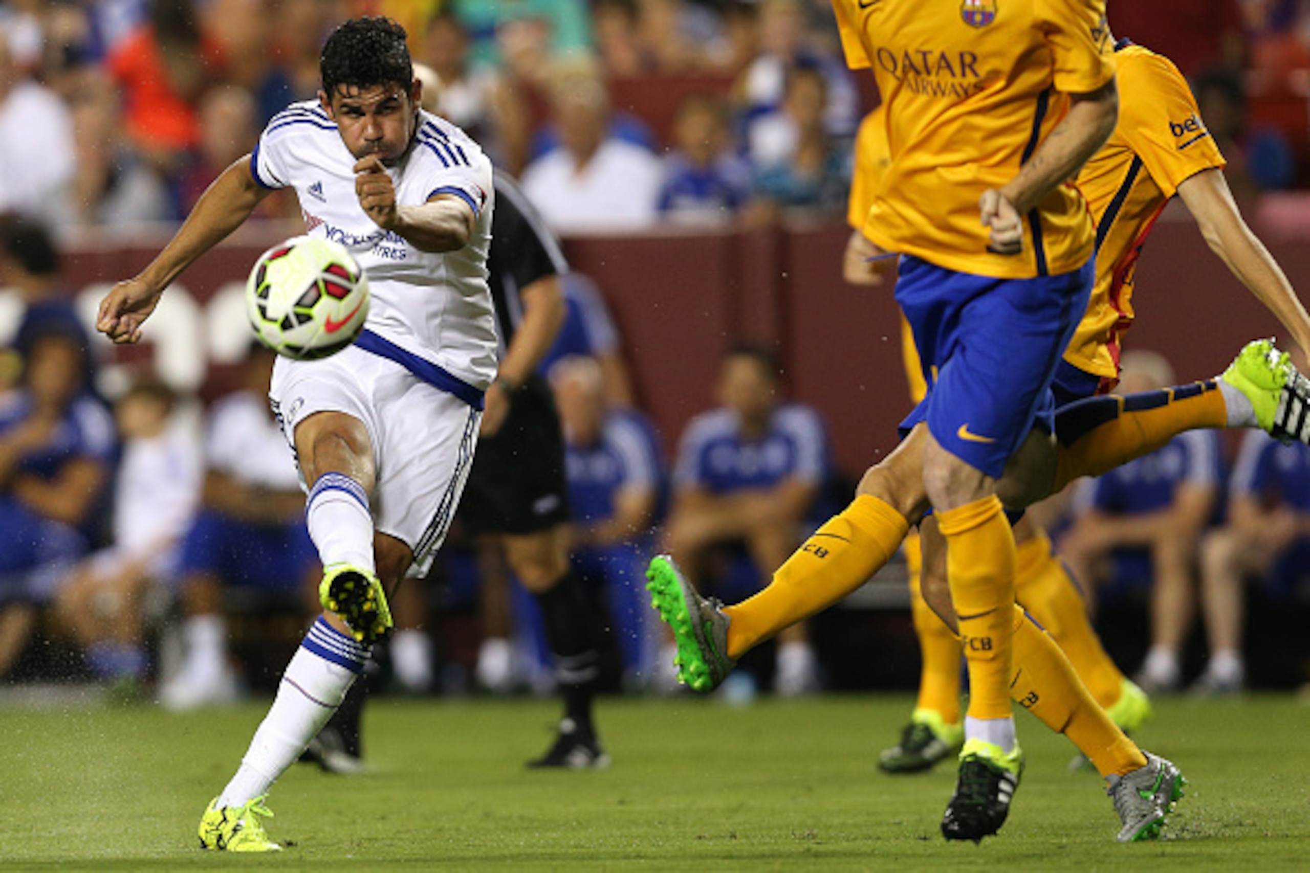 LANDOVER, MD - JULY 28: Diego Costa #19 of Chelsea shoots against Barcelona in the second half during the International Champions Cup North America at FedExField on July 28, 2015 in Landover, Maryland. Chelsea won in a penalty shootout. (Photo by Patrick 