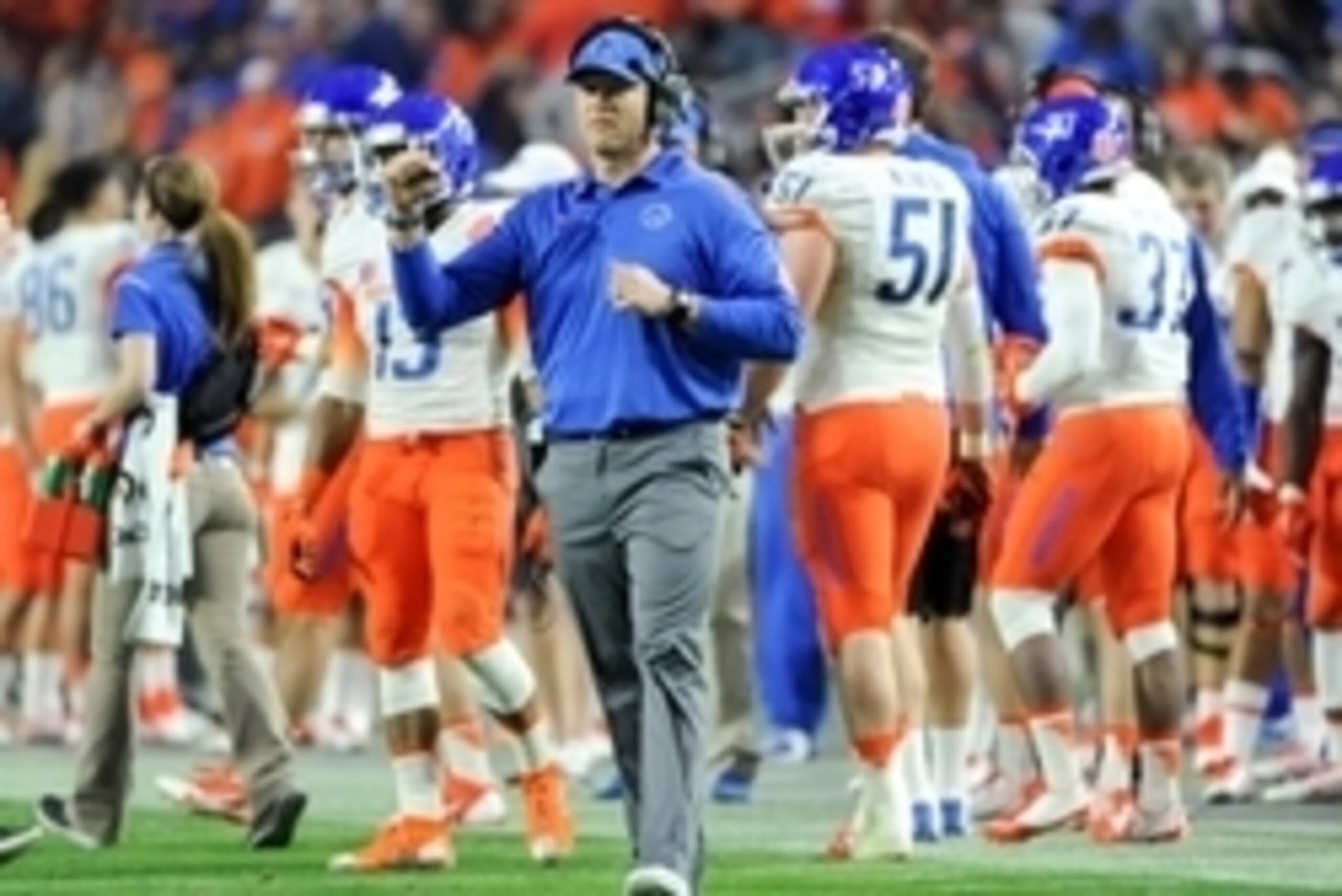 Dec 31, 2014; Glendale, AZ, USA; Boise State Broncos head coach Bryan Harsin reacts on the sideline during the third quarter against the Arizona Wildcats in the 2014 Fiesta Bowl at Phoenix Stadium. The Broncos won 38-30. Mandatory Credit: Casey Sapio-USA 