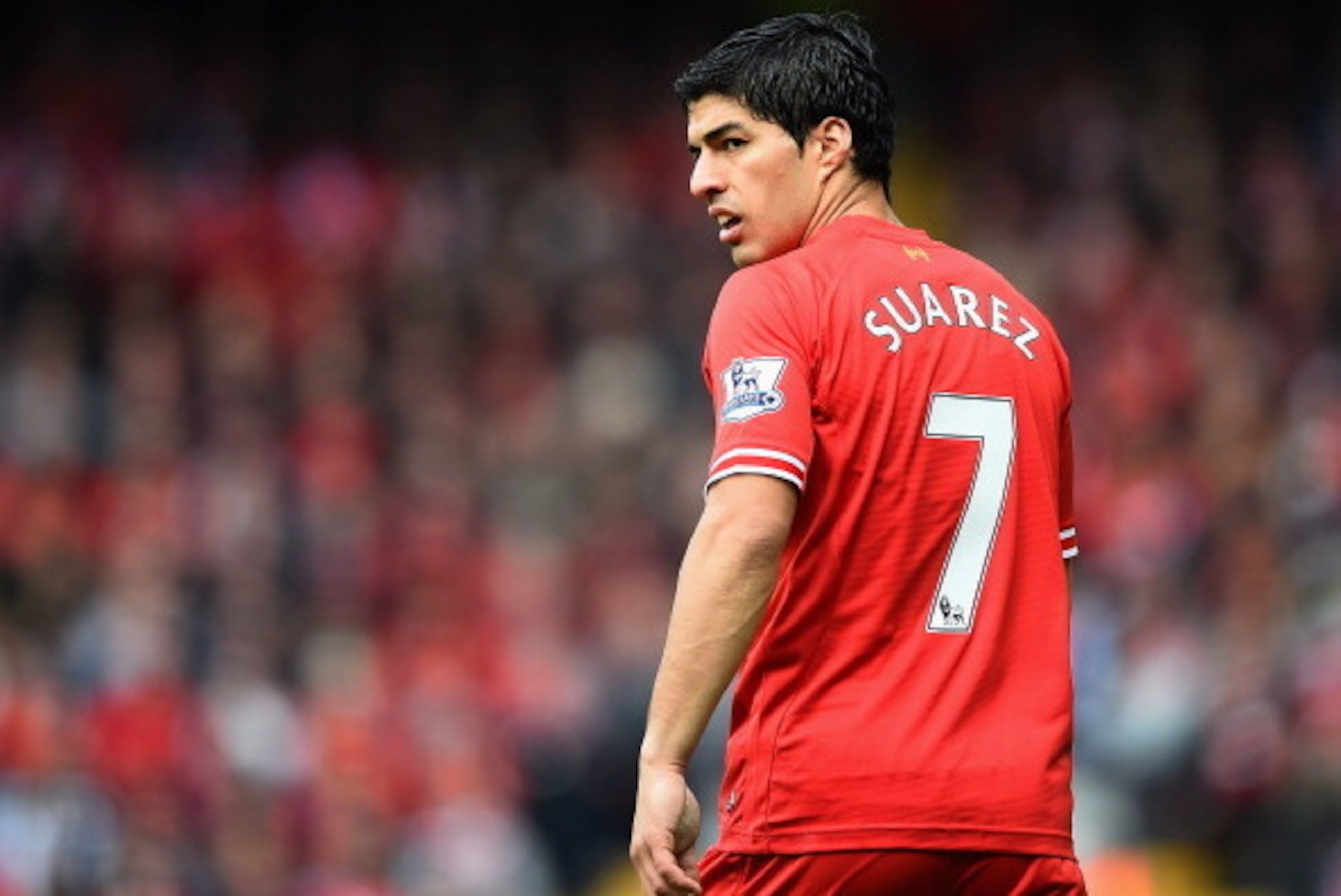 LIVERPOOL, ENGLAND - MAY 11:  Luis Suarez of Liverpool looks on during the Barclays Premier League match between Liverpool and Newcastle United at Anfield on May 11, 2014 in Liverpool, England.  (Photo by Laurence Griffiths/Getty Images)