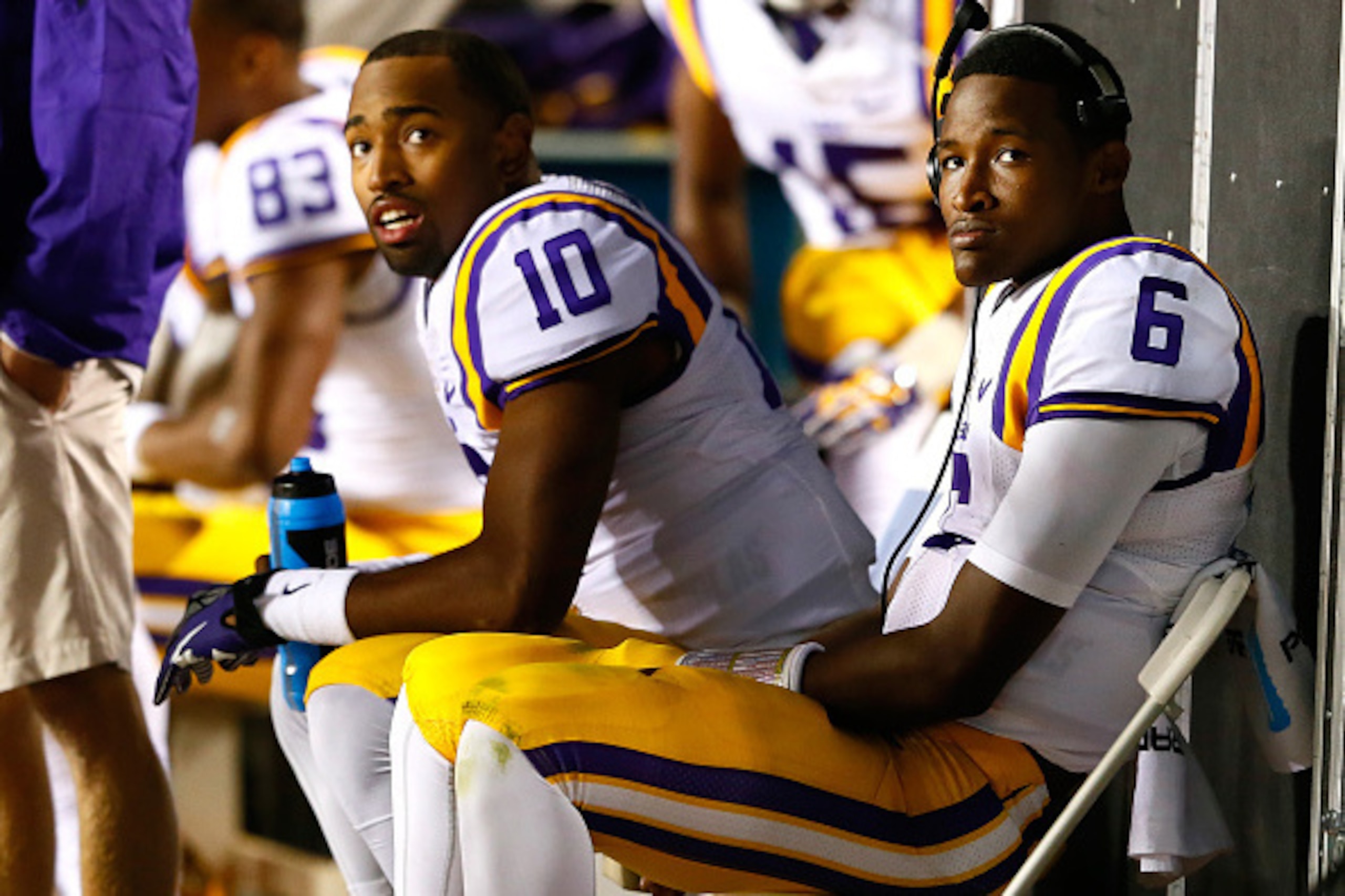 AUBURN, AL - OCTOBER 04:  Brandon Harris #6 and Anthony Jennings #10 of the LSU Tigers look on from the sideline against the Auburn Tigers at Jordan Hare Stadium on October 4, 2014 in Auburn, Alabama.  (Photo by Kevin C. Cox/Getty Images)