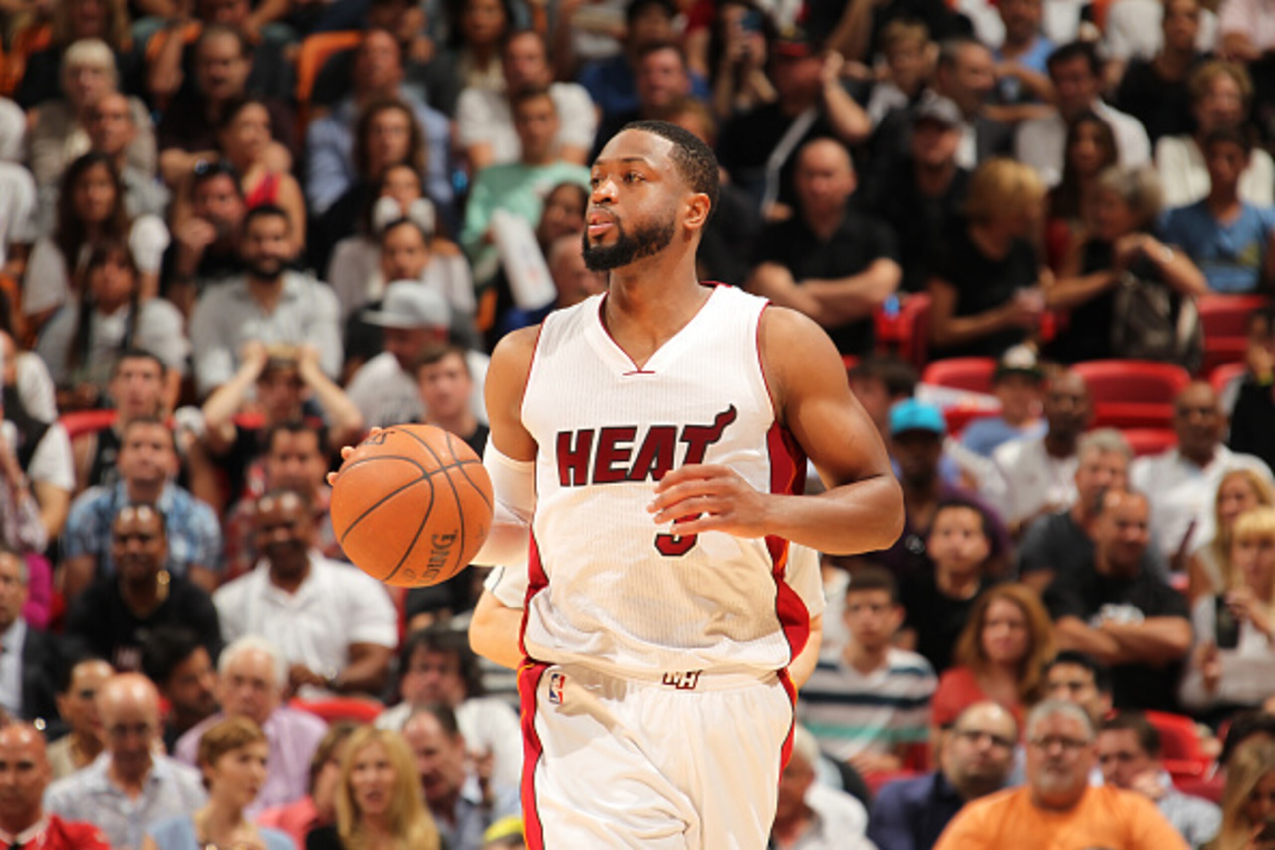 MIAMI, FL - APRIL 9: Dwyane Wade #3 of the Miami Heat during the game against the Chicago Bulls on April 9, 2015 at AmericanAirlines Arena in Miami, Florida. NOTE TO USER: User expressly acknowledges and agrees that, by downloading and/or using this photo MIAMI, FL - APRIL 9: Dwyane Wade #3 of the Miami Heat during the game against the Chicago Bulls on April 9, 2015 at AmericanAirlines Arena in Miami, Florida. NOTE TO USER: User expressly acknowledges and agrees that, by downloading and/or using this photo