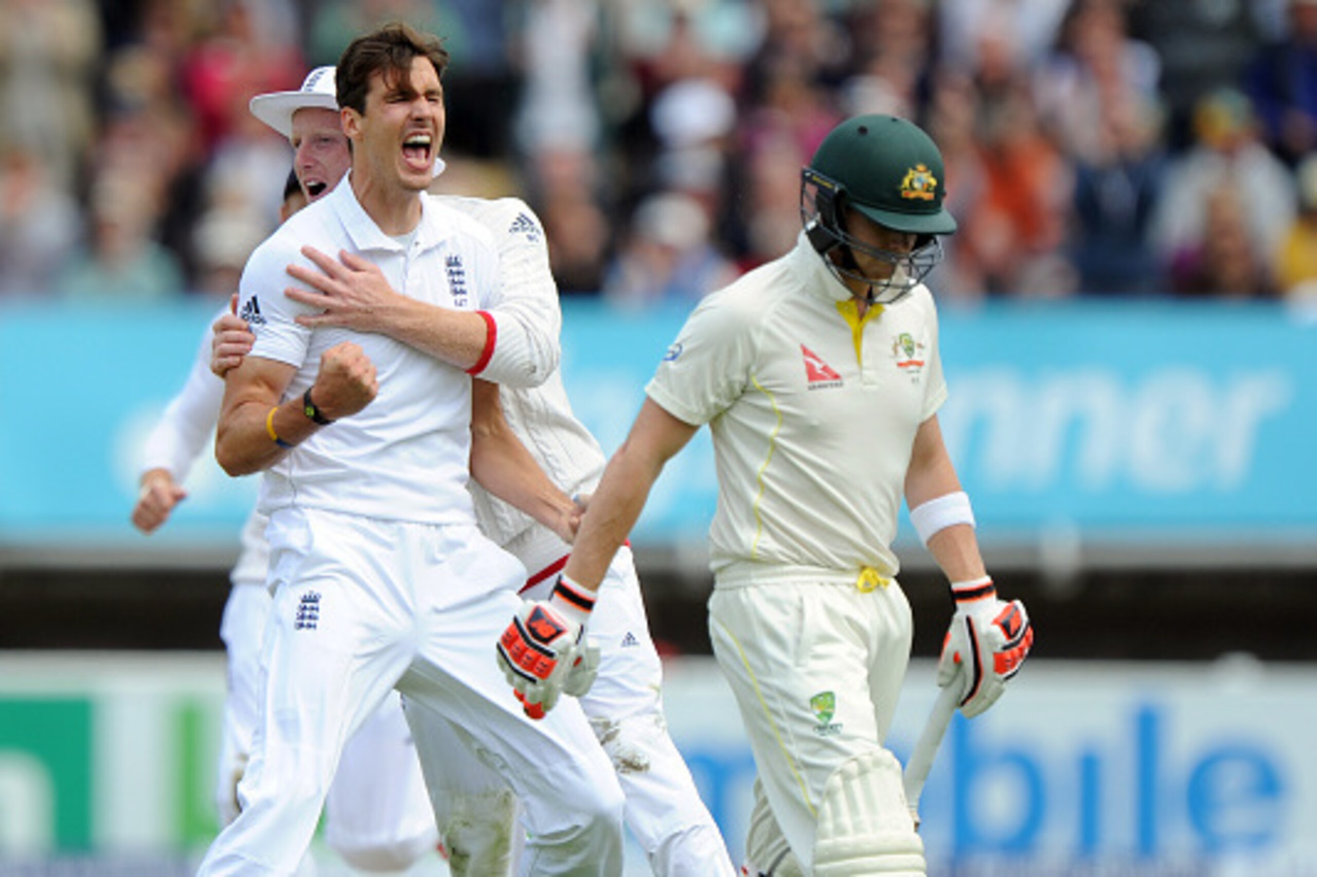BIRMINGHAM, ENGLAND - JULY 29: Steven Finn of England celebrates after taking the wicket of Steve Smith of Australia during day one of the 3rd Investec Ashes Test match between England and Australia at Edgbaston on July 29, 2015 in Birmingham, United King BIRMINGHAM, ENGLAND - JULY 29: Steven Finn of England celebrates after taking the wicket of Steve Smith of Australia during day one of the 3rd Investec Ashes Test match between England and Australia at Edgbaston on July 29, 2015 in Birmingham, United King