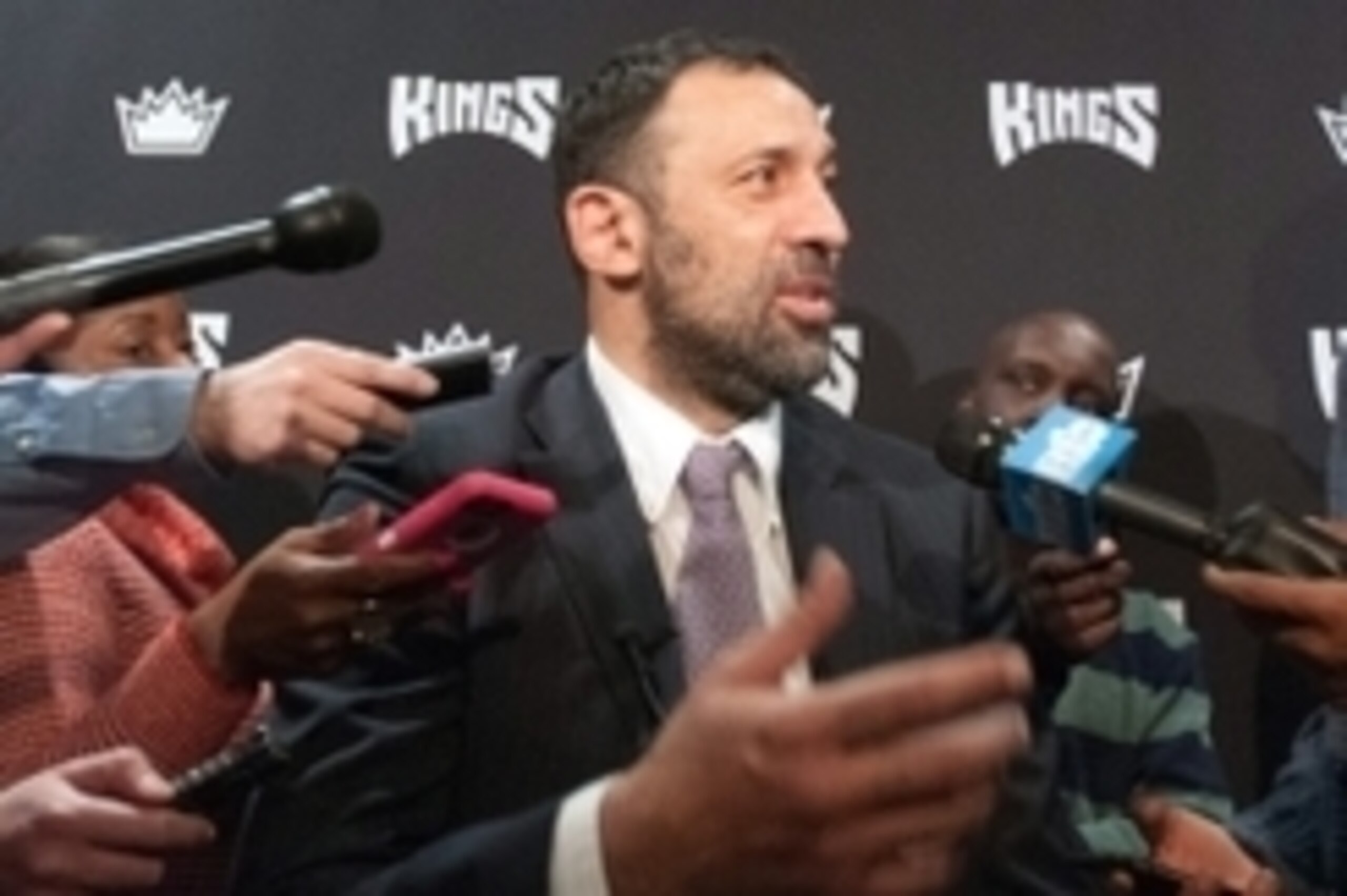 Mar 16, 2015; Sacramento, CA, USA; Sacramento Kings former center Vlade Divac speaks with the press after being named Vice President of Basketball and Franchise operations at Sleep Train Arena. Mandatory Credit: Ed Szczepanski-USA TODAY Sports