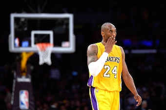 LOS ANGELES, CA - JANUARY 15:  Kobe Bryant #24 of the Los Angeles Lakers reacts as the Lakers trail late in the fourth quarter to the Cleveland Cavaliers at Staples Center on January 15, 2015 in Los Angeles, California.  The Cavaliers won 109-102.   NOTE 