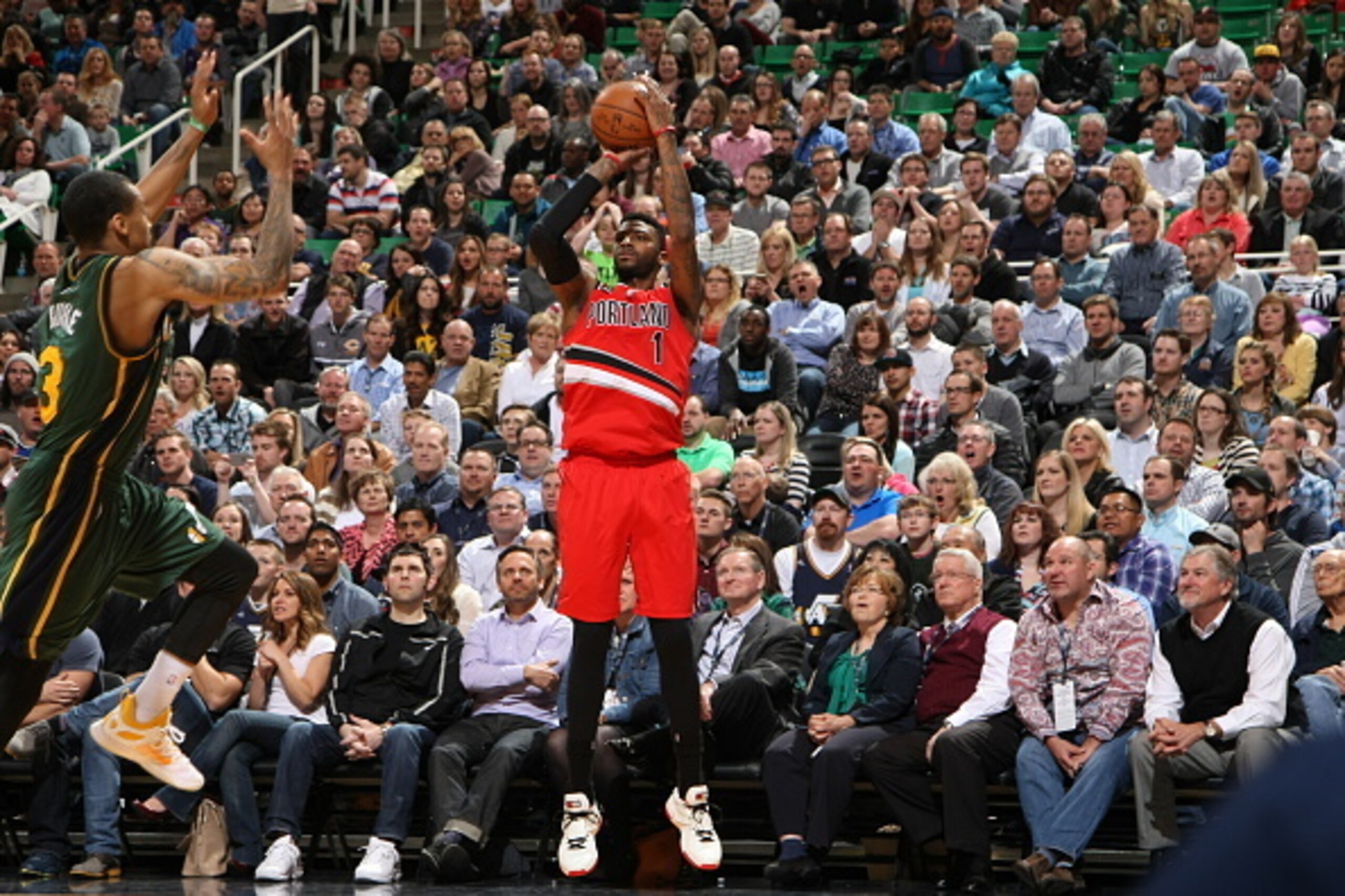 SALT LAKE CITY, UT - MARCH 25:  Dorell Wright #1 of the Portland Trail Blazers shoots against the Utah Jazz on March 25, 2015 at EnergySolutions Arena in Salt Lake City, Utah. NOTE TO USER: User expressly acknowledges and agrees that, by downloading and o