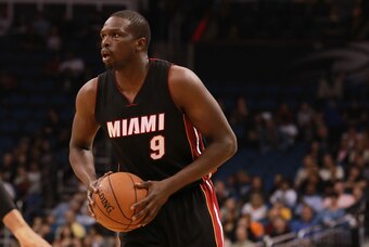 Feb 25, 2015; Orlando, FL, USA; Miami Heat forward Luol Deng (9) against the Orlando Magic during the first quarter at Amway Center. Mandatory Credit: Kim Klement-USA TODAY Sports