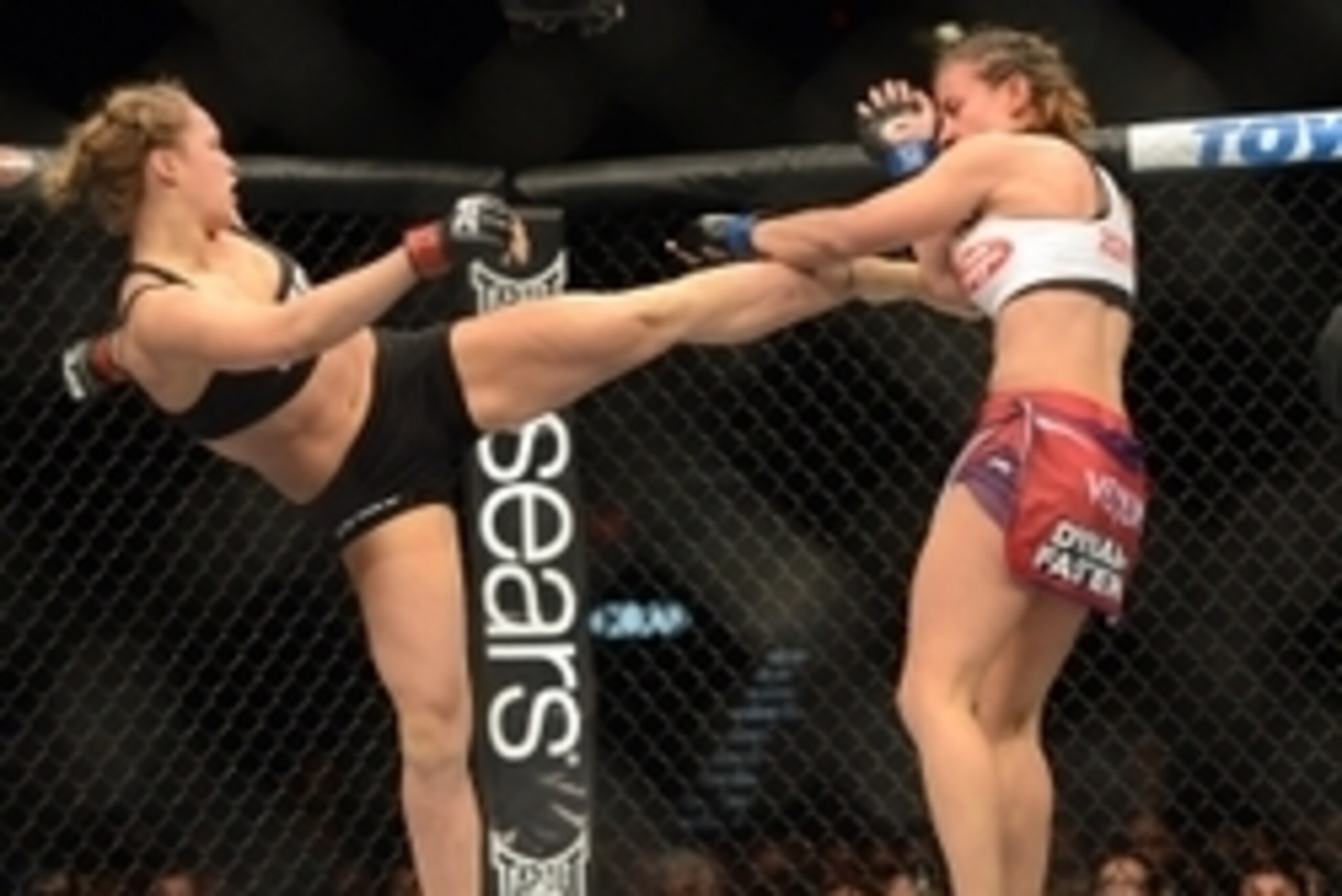 Dec 28, 2013; Las Vegas, NV, USA;    Ronda Rousey (red gloves) and Miesha Tate (blue gloves) during their UFC Women's Bantamweight Championship Bout at the MGM Grand Garden Arena. Ronda Rousey won Mandatory Credit: Jayne Kamin-Oncea-USA TODAY Sports