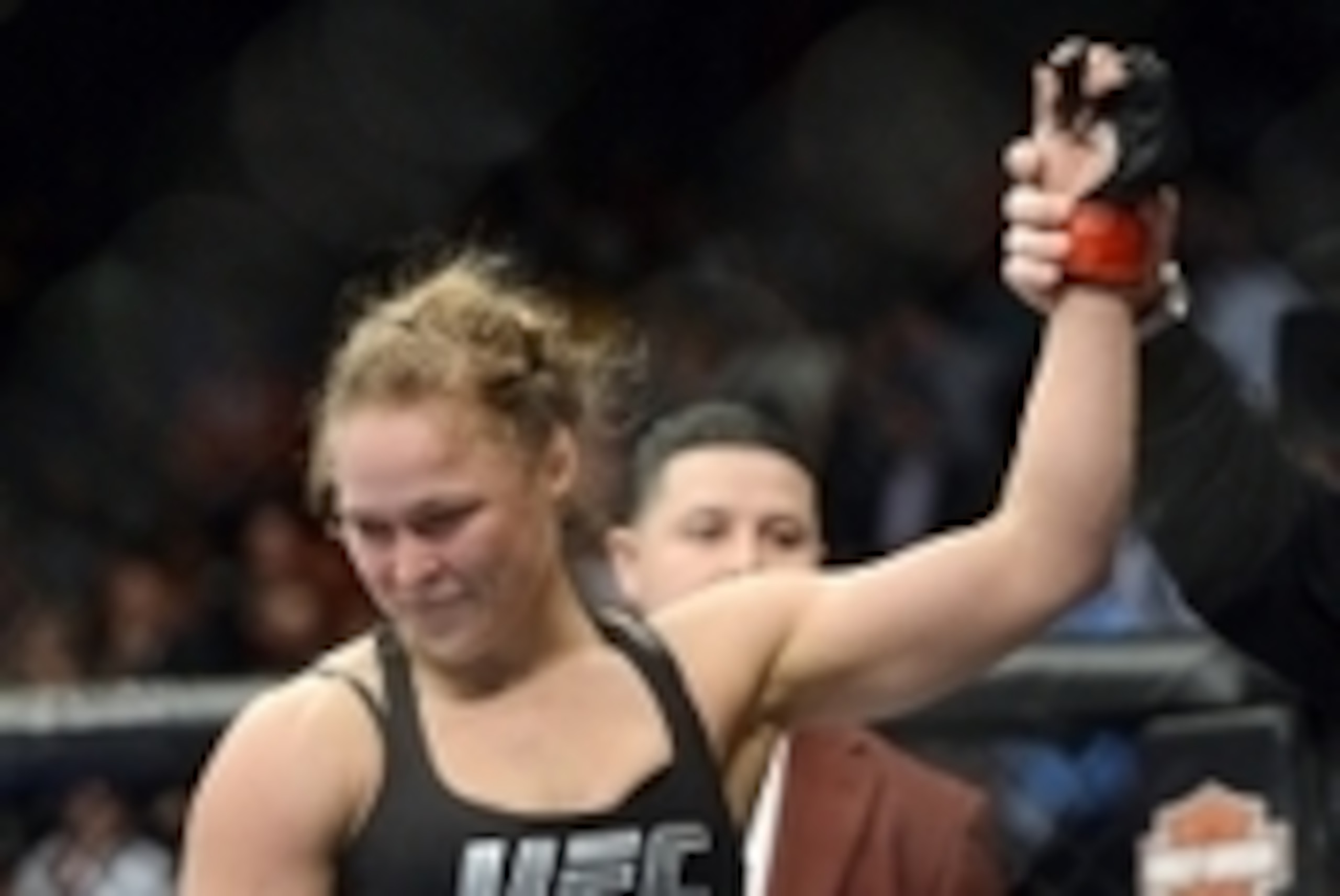 Dec 28, 2013; Las Vegas, NV, USA;    Ronda Rousey reacts after defeating Miesha Tate (not pictured) in their UFC women's bantamweight championship bout at the MGM Grand Garden Arena. Mandatory Credit: Jayne Kamin-Oncea-USA TODAY Sports