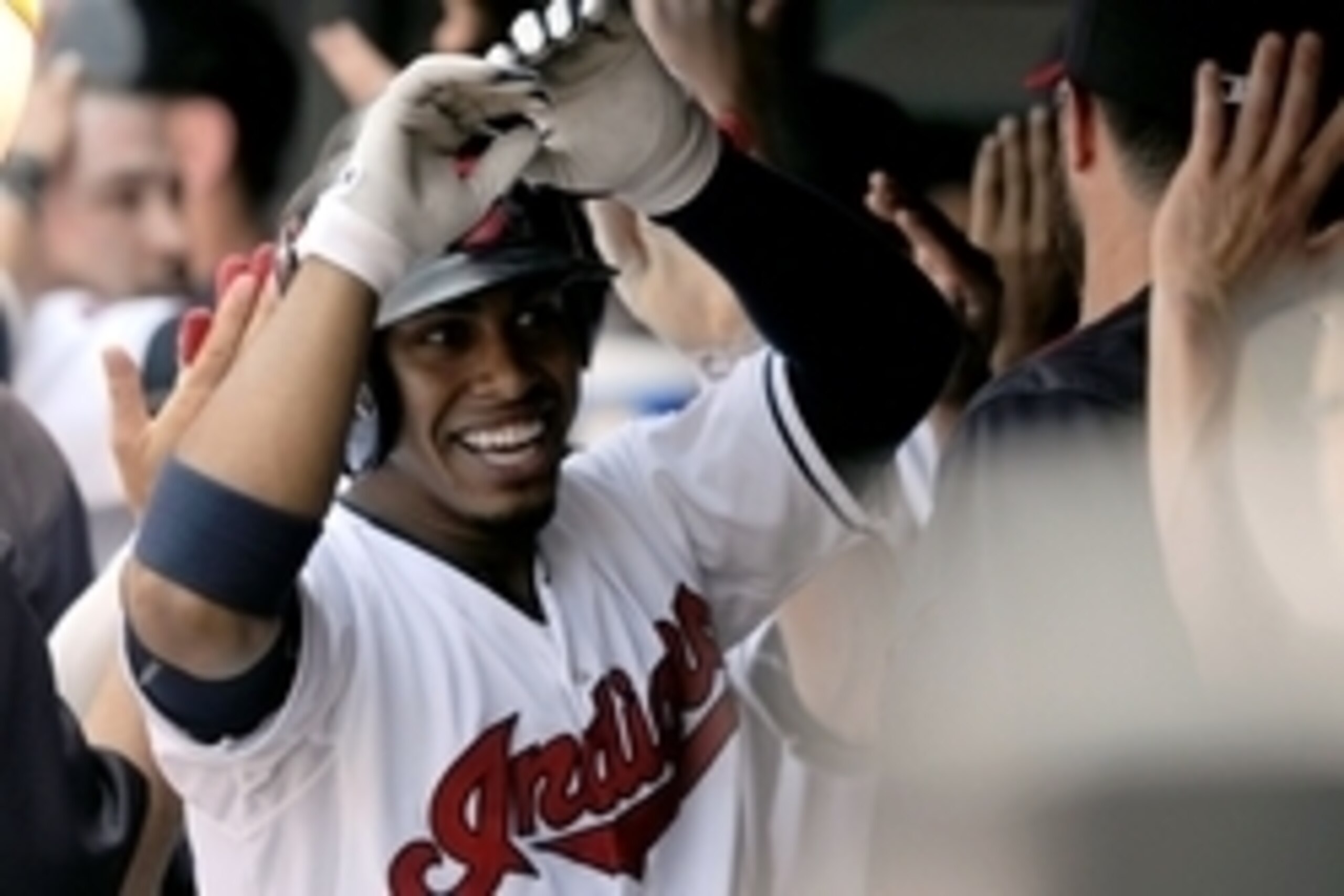 Jul 29, 2015; Cleveland, OH, USA; Cleveland Indians shortstop Francisco Lindor (12) celebrates after hitting a three-run home run during the sixth inning against the Kansas City Royals at Progressive Field. Mandatory Credit: Ken Blaze-USA TODAY Sports