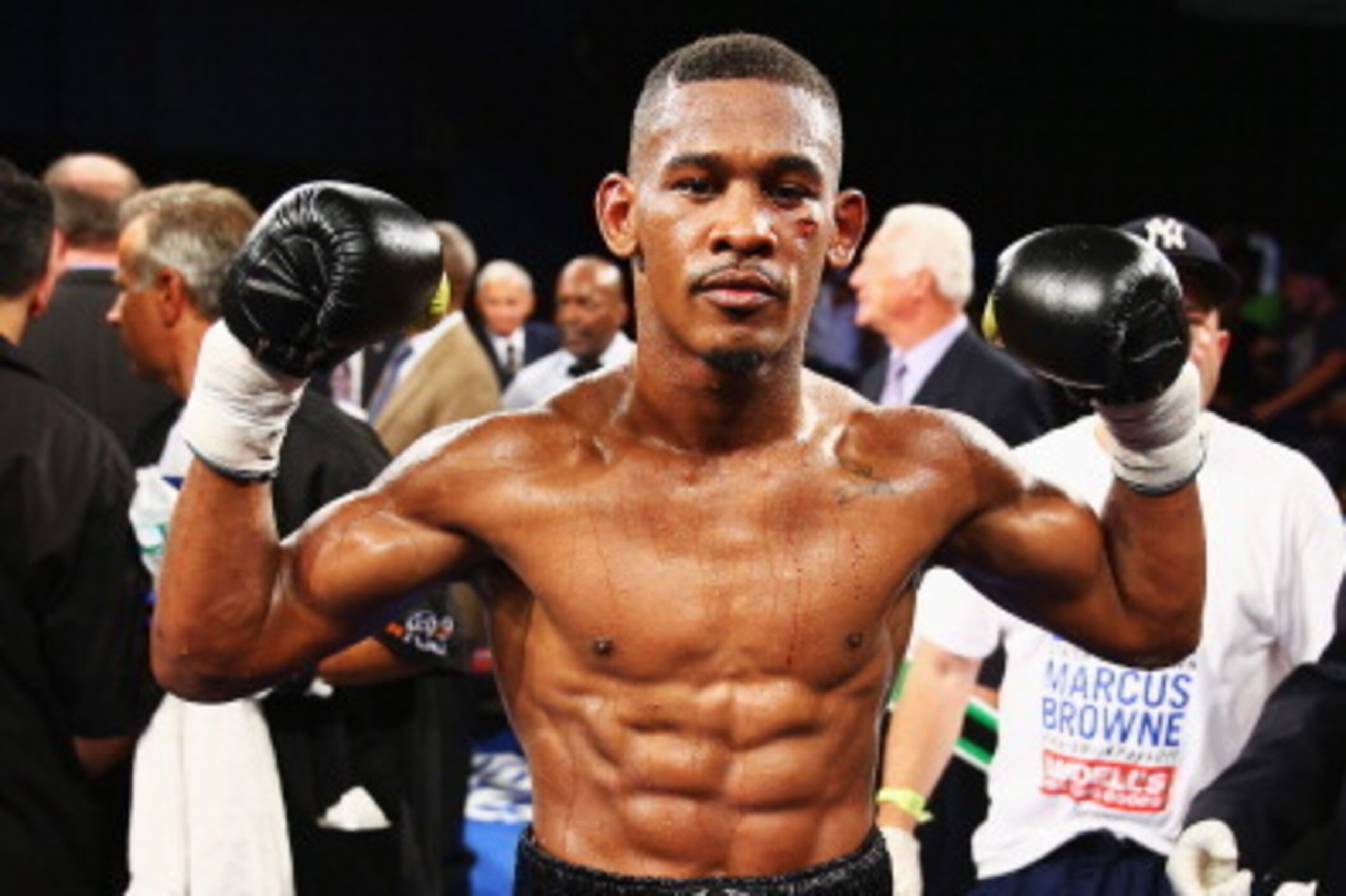 NEW YORK, NY - AUGUST 19:  Danny Jacobs celebrates his knock out of Giovanni Lorenzo in the third round of their Junior Middleweight fight at Best Buy Theater on August 19, 2013 in New York City.  (Photo by Al Bello/Getty Images)