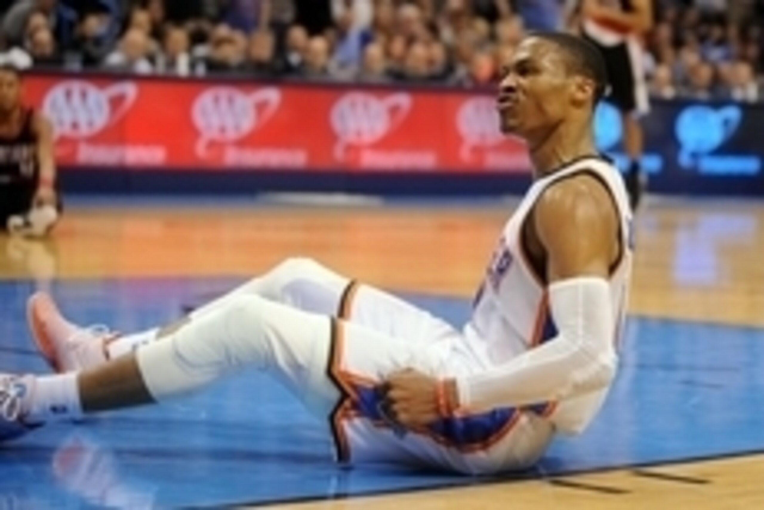 Apr 13, 2015; Oklahoma City, OK, USA; Oklahoma City Thunder guard Russell Westbrook (0) reacts after being fouled on a shot attempt in action against the Portland Trail Blazers during the fourth quarter at Chesapeake Energy Arena. Mandatory Credit: Mark D