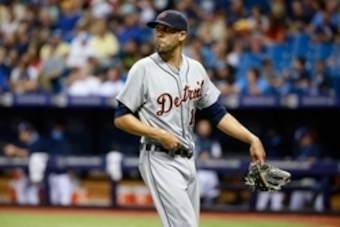 Jul 28, 2015; St. Petersburg, FL, USA; Detroit Tigers starting pitcher David Price (14) walks back to the dugout at the end of the fourth inning against the Tampa Bay Rays at Tropicana Field. Mandatory Credit: Kim Klement-USA TODAY Sports