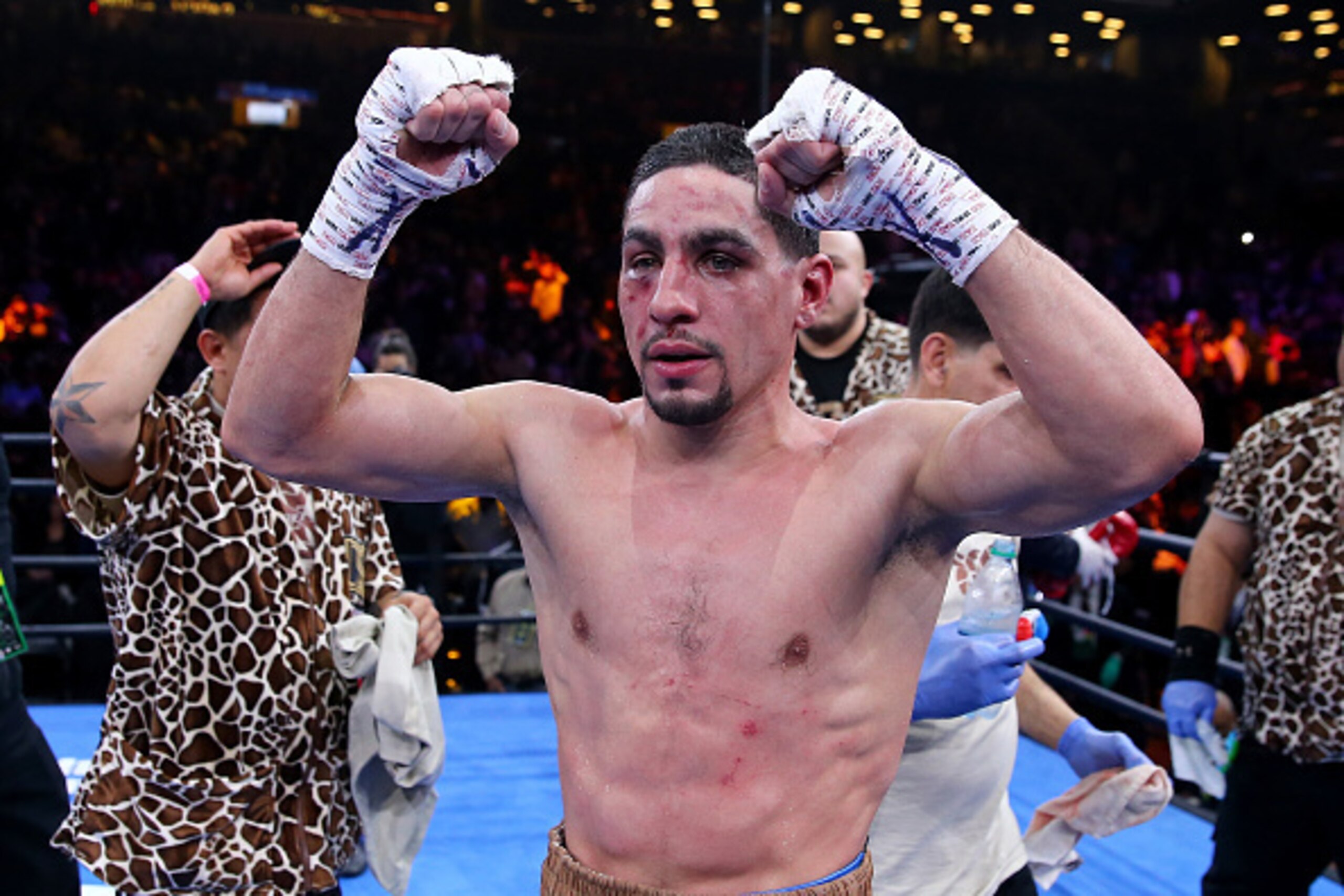 NEW YORK, NY - APRIL 11:  Danny Garcia celebrates after his fight with Lamont Peterson during the Premier Boxing Champions Middleweight bout at Barclays Center on April 11, 2015 in the Brooklyn borough of  New York City.Garcia was declared the winner.  (P