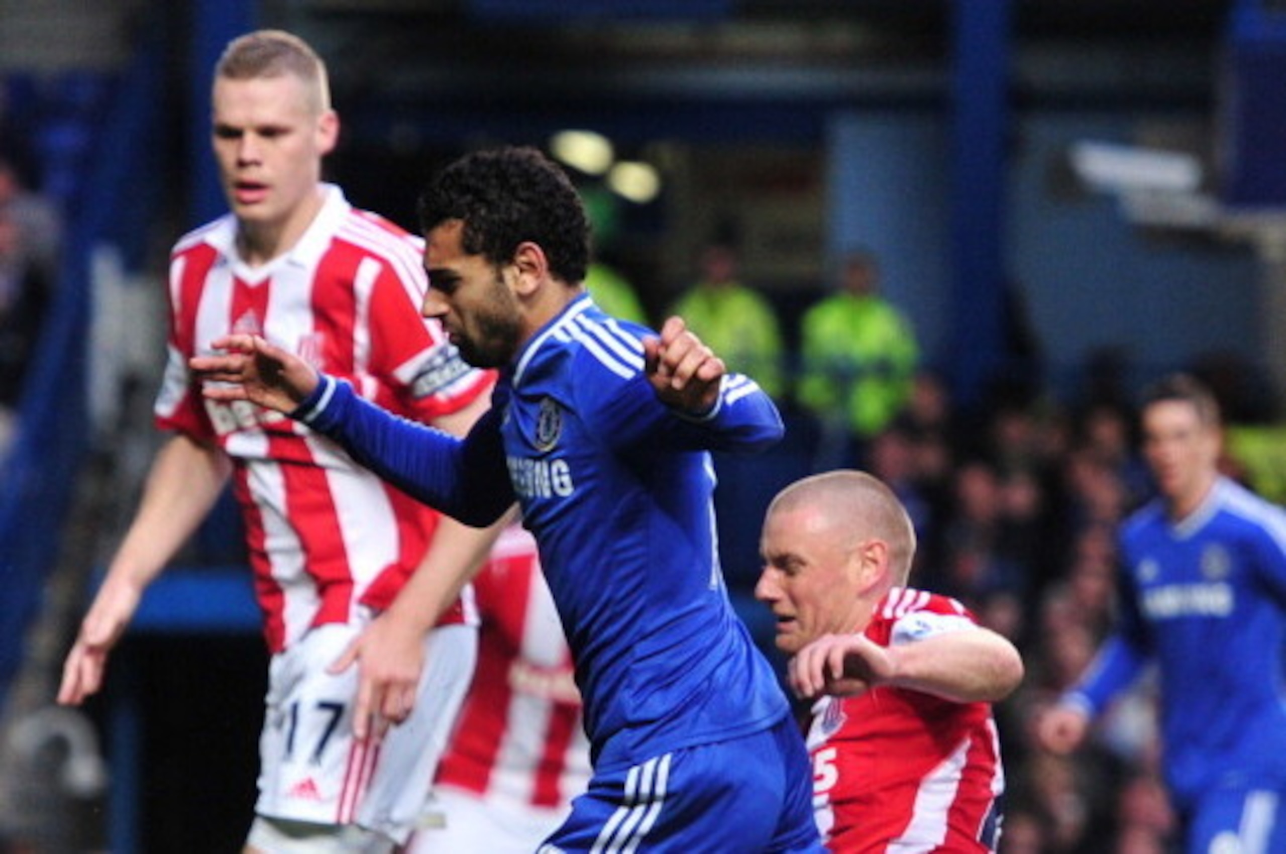 Chelsea's Egyptian midfielder Mohamed Salah (L) is fouled by Stoke City's English defender Andy Wilkinson (R) in the box leading to a Chelsea penalty during the English Premier League football match between Chelsea and Stoke City at Stamford Bridge In Lon Chelsea's Egyptian midfielder Mohamed Salah (L) is fouled by Stoke City's English defender Andy Wilkinson (R) in the box leading to a Chelsea penalty during the English Premier League football match between Chelsea and Stoke City at Stamford Bridge In Lon
