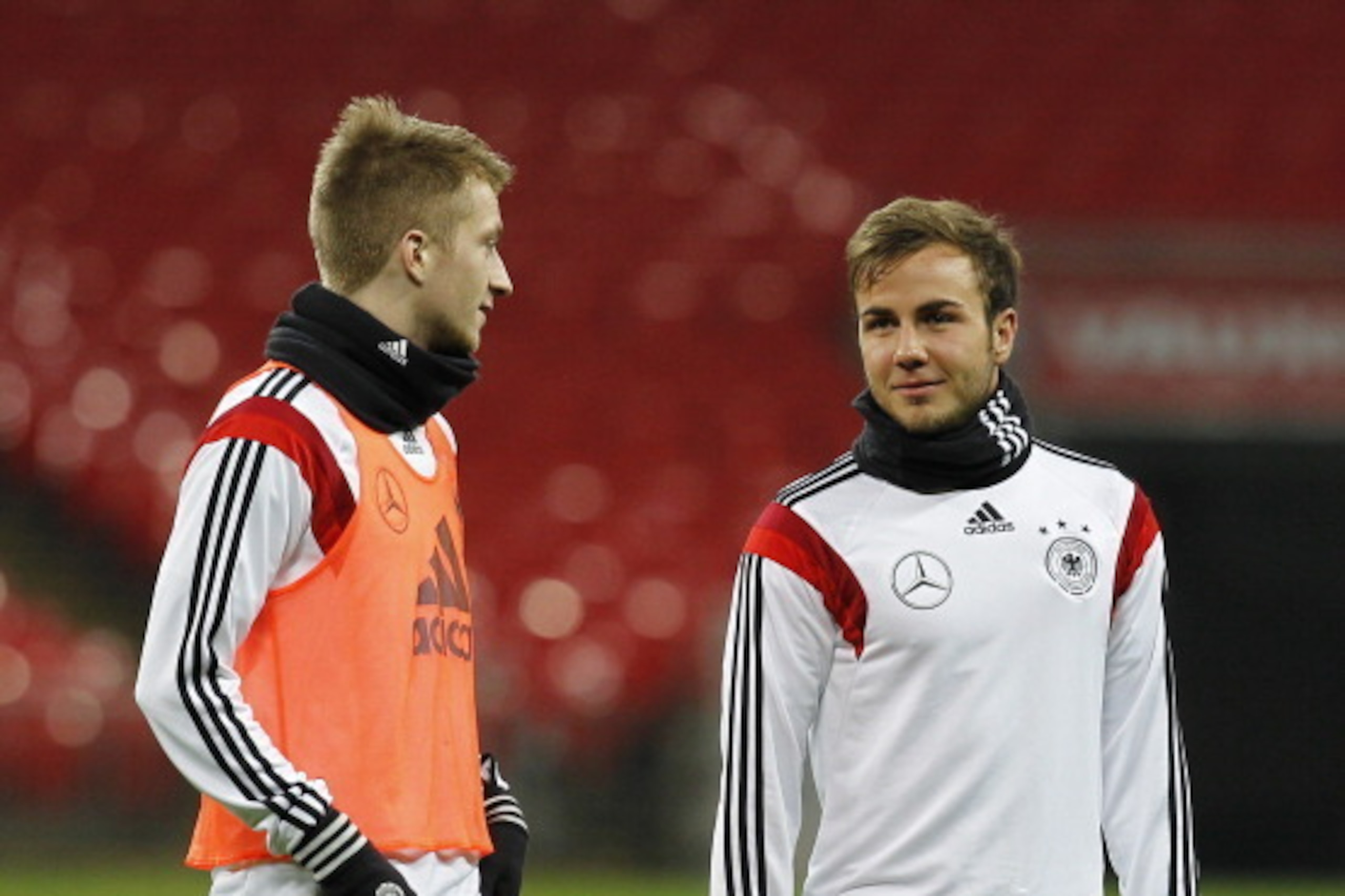 LONDON, ENGLAND - NOVEMBER 18: Marco Reus and Mario Goetze of Germany warm up during a training session at Wembley Stadium ahead of their International Friendly against England on November 18, 2013 in London, England. (Photo by Charlie Crowhurst/Getty Ima LONDON, ENGLAND - NOVEMBER 18: Marco Reus and Mario Goetze of Germany warm up during a training session at Wembley Stadium ahead of their International Friendly against England on November 18, 2013 in London, England. (Photo by Charlie Crowhurst/Getty Ima