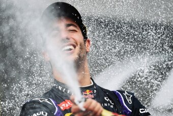 BUDAPEST, HUNGARY - JULY 27:  (Alternative crop of image #452784068) Daniel Ricciardo of Australia and Infiniti Red Bull Racing celebrates victory on the podium after the Hungarian Formula One Grand Prix at Hungaroring on July 27, 2014 in Budapest, Hungar
