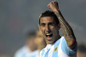 Argentina's forward Angel Di Maria celebrates after scoring against Paraguay during their Copa America semifinal football match in Concepcion, Chile on June 30, 2015.  AFP PHOTO / JUAN MABROMATA        (Photo credit should read JUAN MABROMATA/AFP/Getty Im