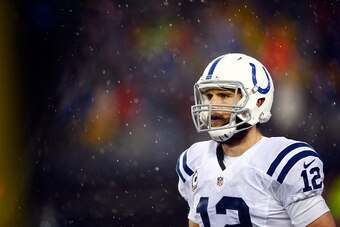 FOXBORO, MA - JANUARY 18:  Andrew Luck #12 of the Indianapolis Colts looks on against the New England Patriots in the fourth quarter of the 2015 AFC Championship Game at Gillette Stadium on January 18, 2015 in Foxboro, Massachusetts.  (Photo by Jared Wick