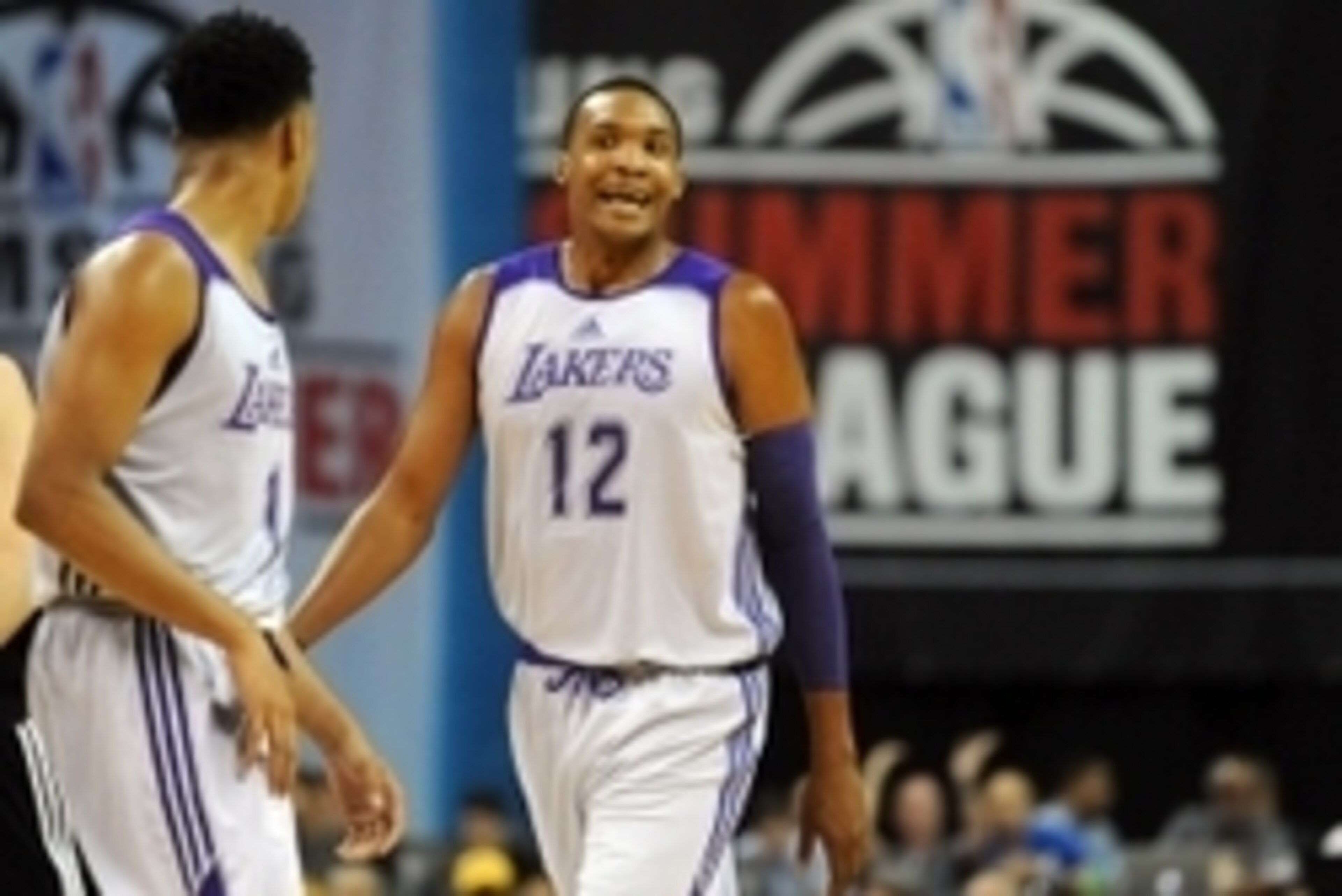 Jul 10, 2015; Las Vegas, NV, USA; Los Angeles Lakers center Robert Upshaw (12) reacts after a call during an NBA Summer League game against Minnesota at Thomas & Mack Center. Minnesota won the game 81-68. Mandatory Credit: Stephen R. Sylvanie-USA TODAY S Jul 10, 2015; Las Vegas, NV, USA; Los Angeles Lakers center Robert Upshaw (12) reacts after a call during an NBA Summer League game against Minnesota at Thomas & Mack Center. Minnesota won the game 81-68. Mandatory Credit: Stephen R. Sylvanie-USA TODAY S