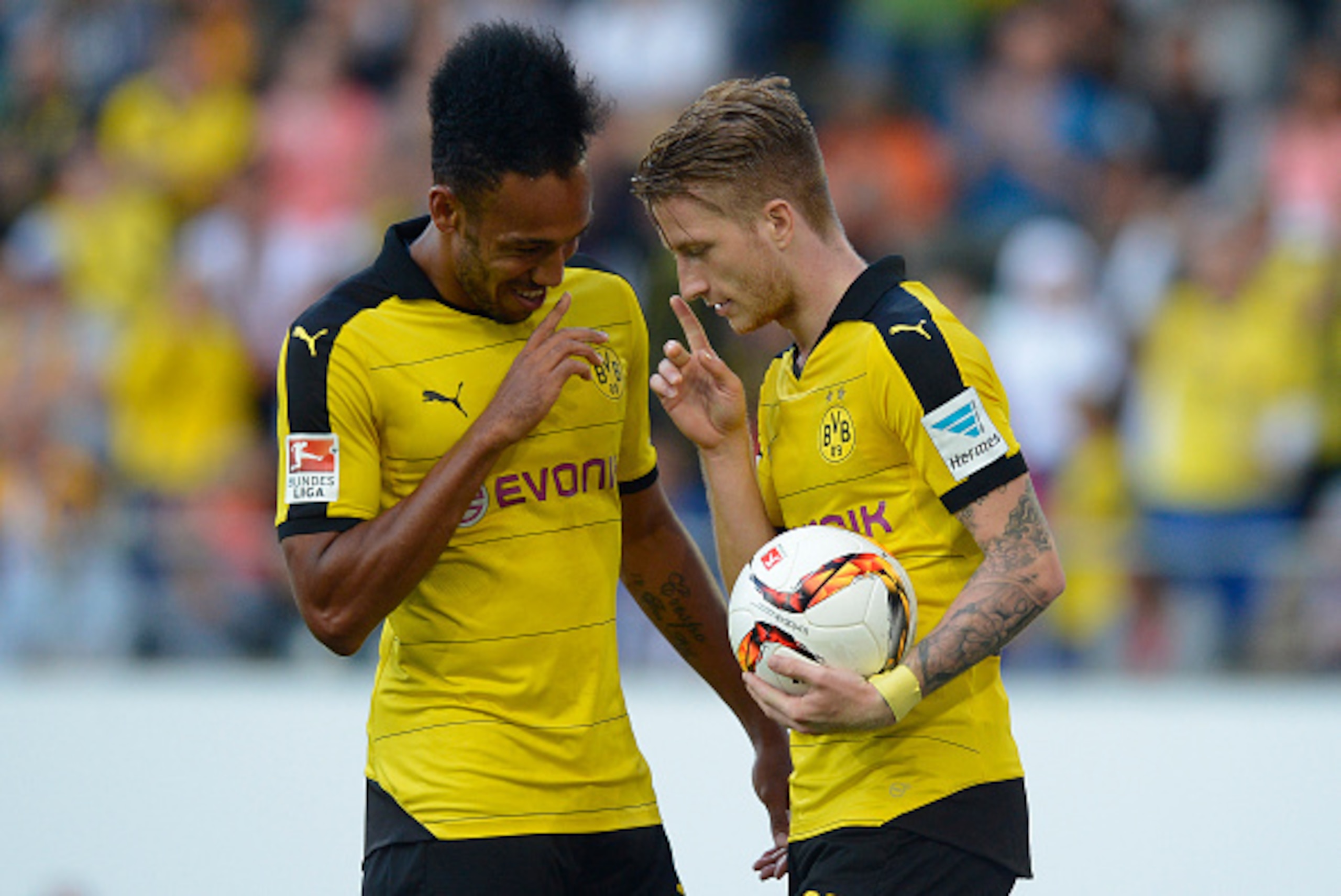 ST GALLEN, SWITZERLAND - JULY 25:  Marco Reus of Dortmund (R) celebrates his team's second goal with team mate Pierre-Emerick Aubameyang during the friendly match between Juventus and Borussia Dortmund on July 25, 2015 in St Gallen, Switzerland.  (Photo b