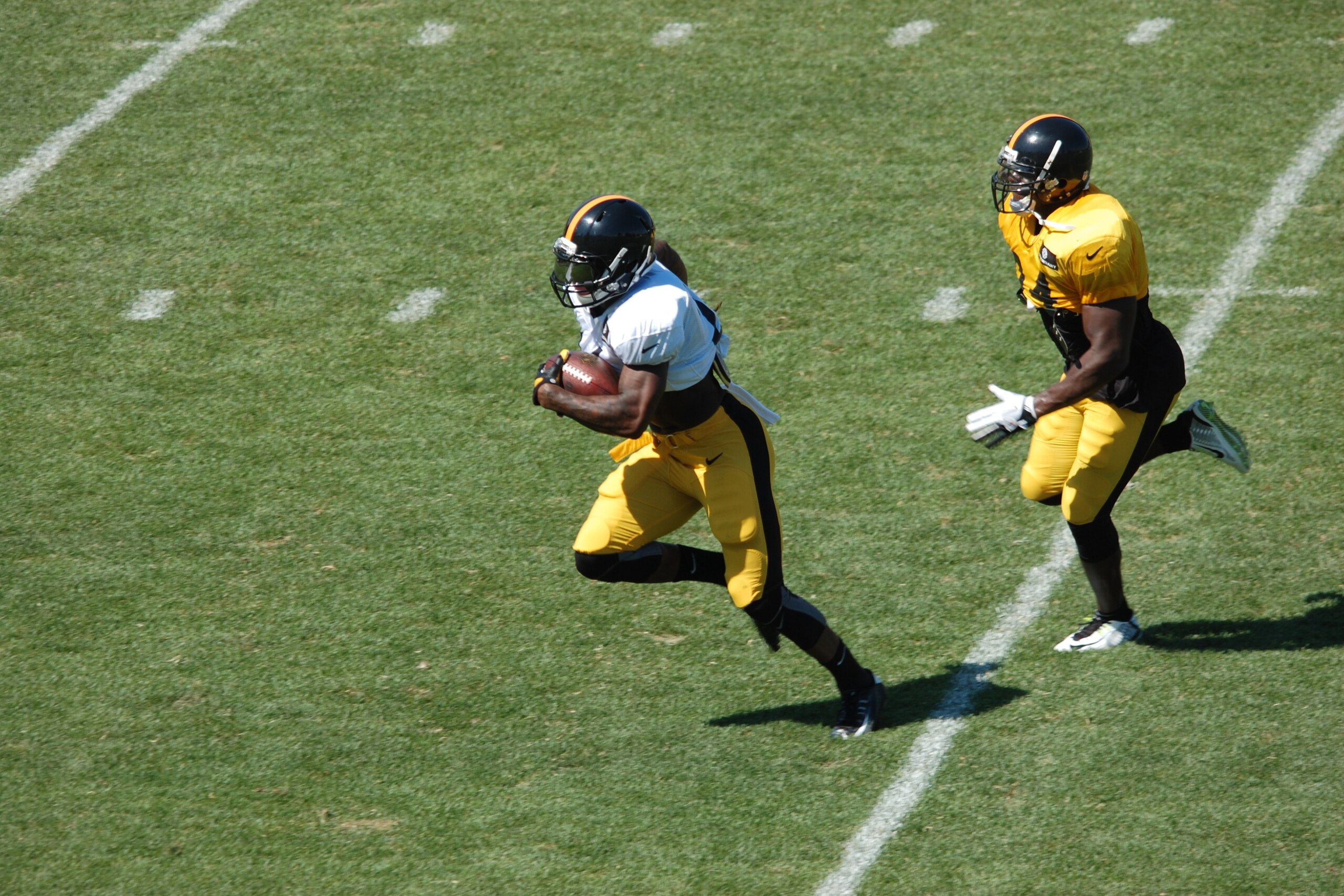 Le'Veon Bell beats Lawrence Timmons for a reception in a backs-on-backers drill.