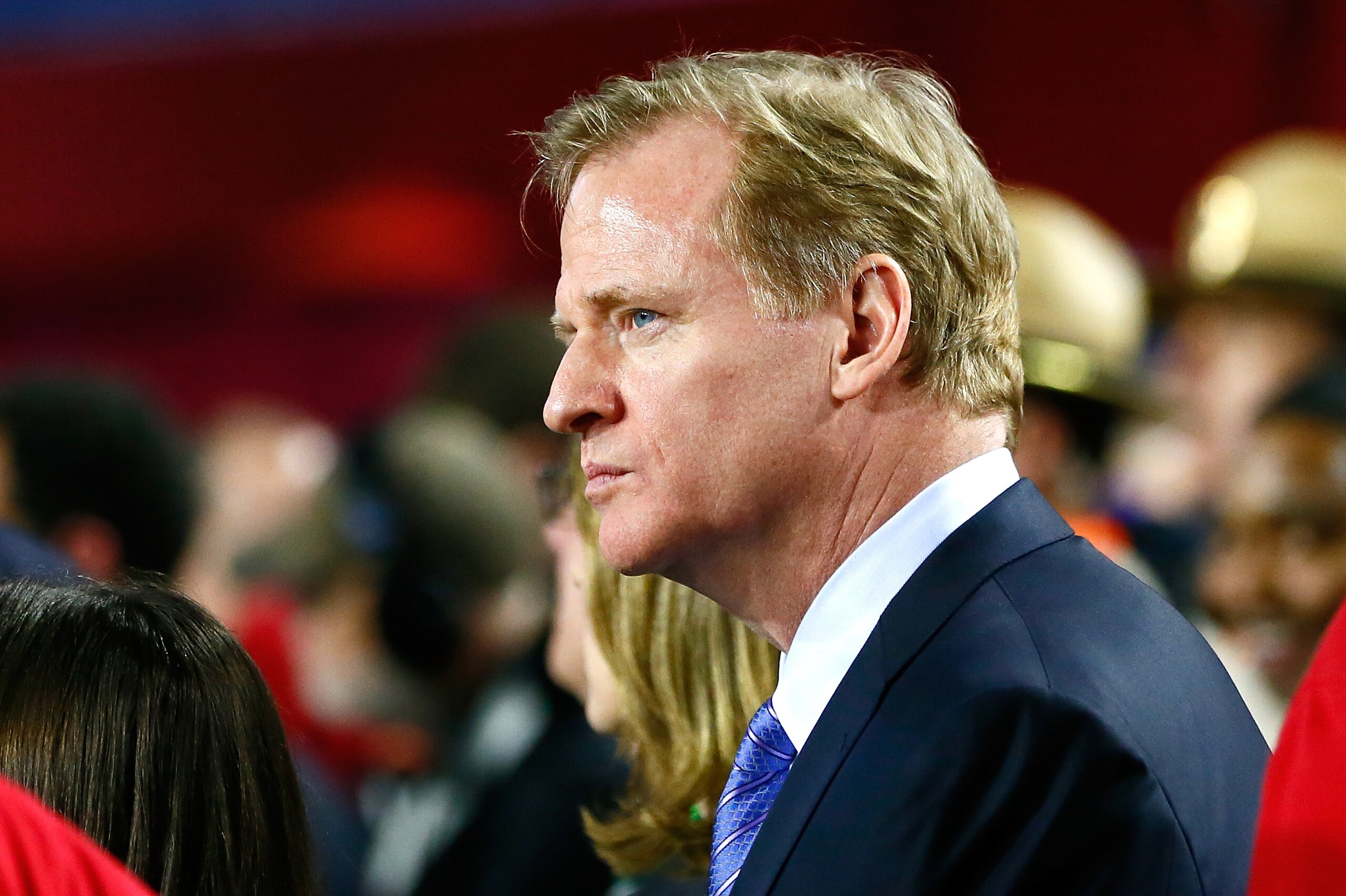 GLENDALE, AZ - FEBRUARY 01: NFL Commissioner Roger Goodell looks on from the sidelines during Super Bowl XLIX between the New England Patriots and the Seattle Seahawks at University of Phoenix Stadium on February 1, 2015 in Glendale, Arizona.  (Photo by K