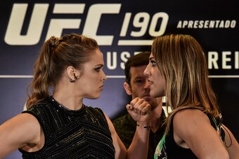 RIO DE JANEIRO, BRAZIL - JULY 30: Bantamweight fighters Ronda Rousey (L) of the United States and Bethe Correia of Brazil face off during Ultimate Media Day at Sheraton Hotel on July 30, 2015 in Rio de Janeiro, Brazil. (Photo by Buda Mendes/Zuffa LLC/Zuff