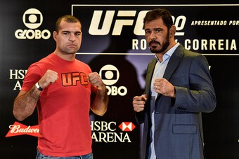 RIO DE JANEIRO, BRAZIL - JULY 30: Light heavyweight fighters Mauricio ''Shogun'' Rua (L) and Rogerio ''Minotouro'' Nogueira of Brazil pose for photographers during Ultimate Media Day at Sheraton Hotel on July 30, 2015 in Rio de Janeiro, Brazil. (Photo by 