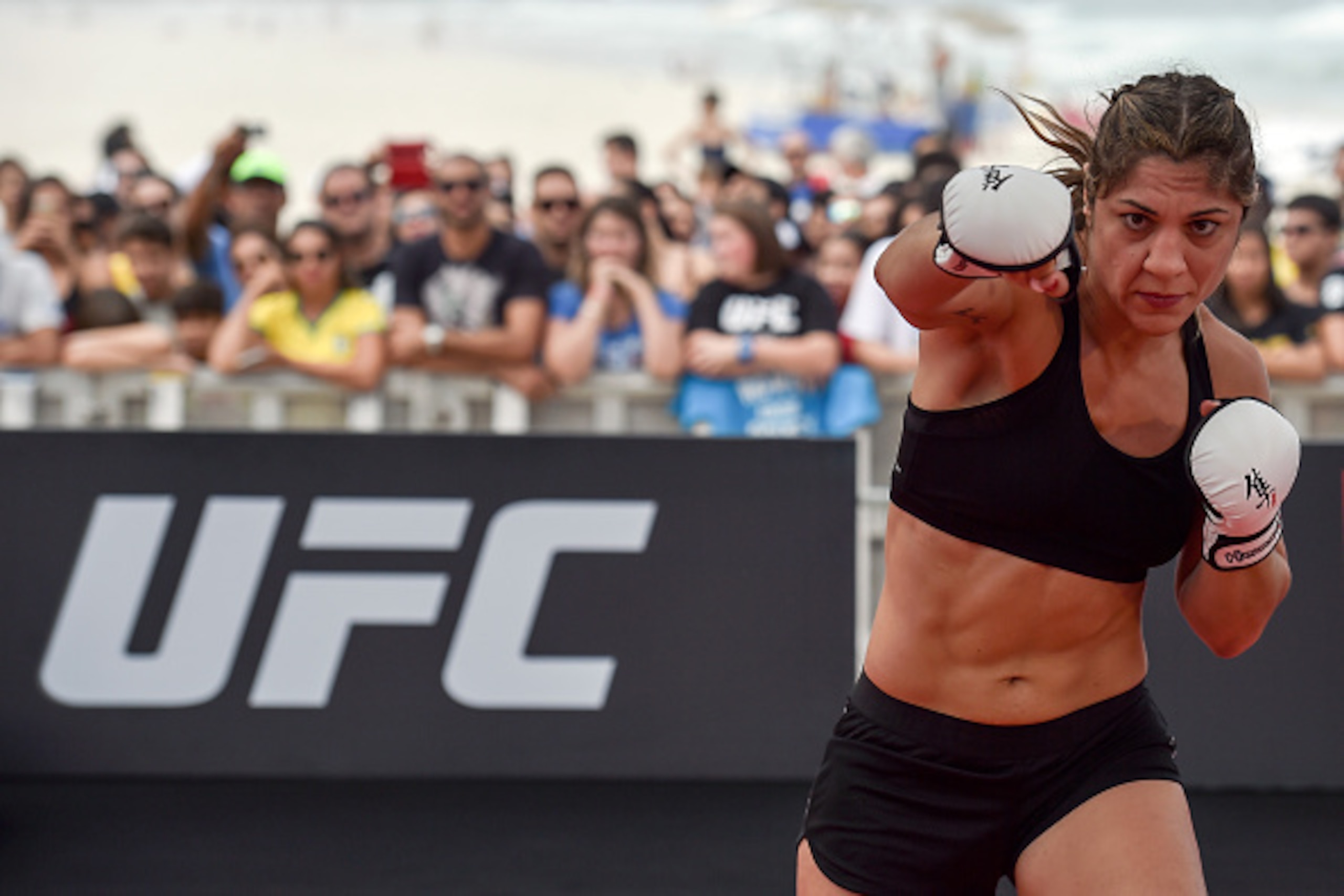 RIO DE JANEIRO, BRAZIL - JULY 29:  Womens bantamweight contender Bethe Correia of Brazil holds an open training session at Pepe Beach on July 29, 2015 in Rio de Janeiro, Brazil.  (Photo by Buda Mendes/Zuffa LLC/Zuffa LLC via Getty Images)