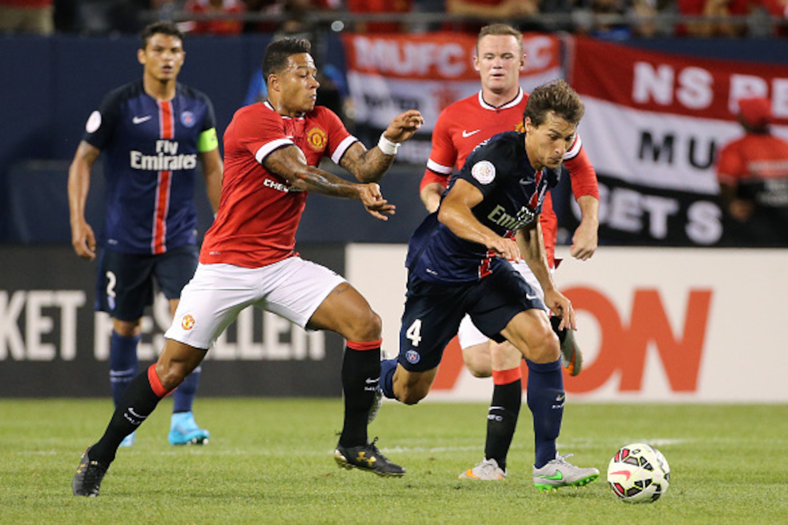 CHICAGO, IL - JULY 29: Memphis Depay of Manchester United and Benjamin Stambouli of PSG in action during the International Champions Cup 2015 game between Manchester United and Paris Saint-Germain at Soldier Field on July 29, 2015 in Chicago, Illinois. (P