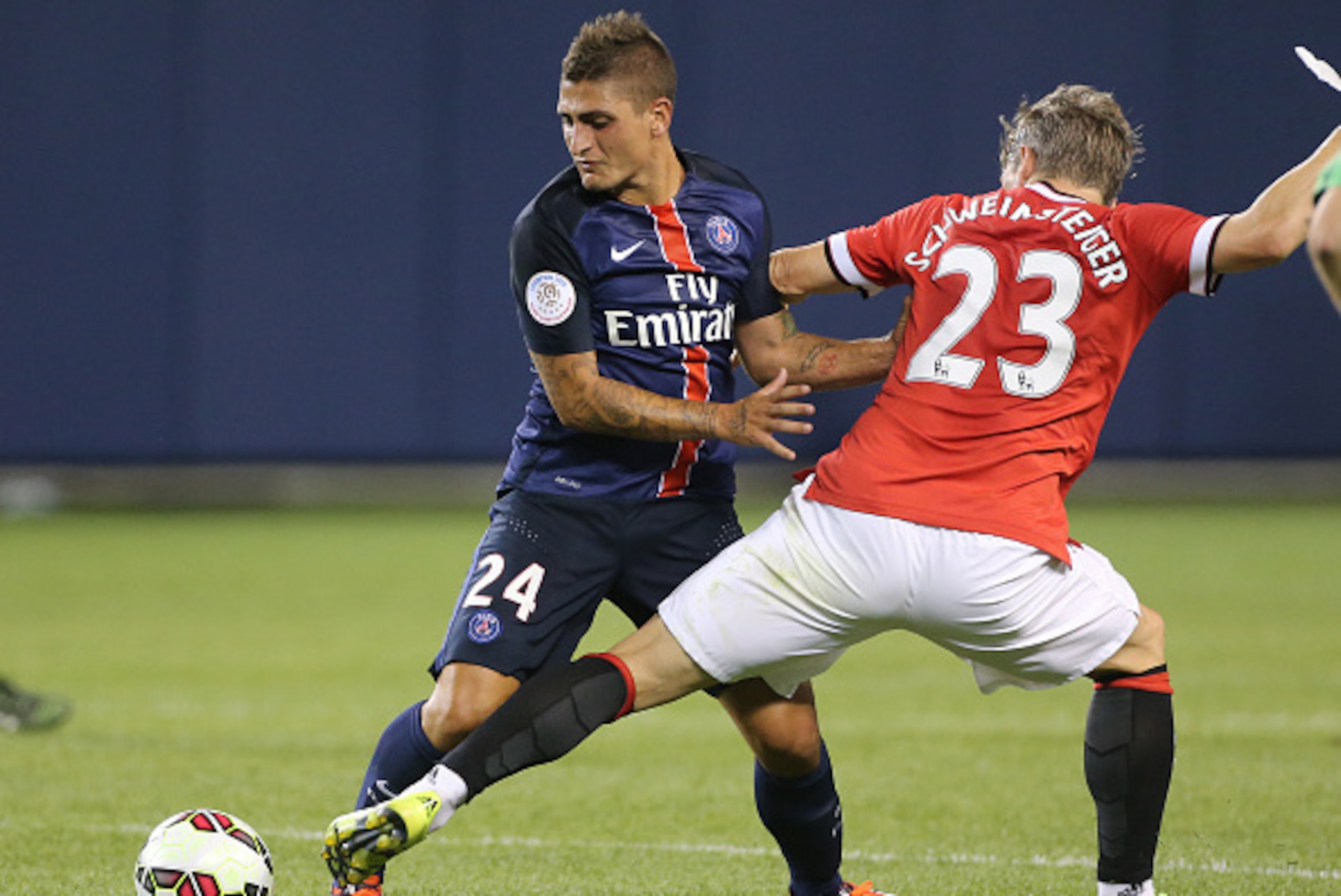 CHICAGO, IL - JULY 29: Marco Verratti of PSG and Bastian Schweinsteiger of Manchester United in action during the International Champions Cup 2015 game between Manchester United and Paris Saint-Germain at Soldier Field on July 29, 2015 in Chicago, Illinoi