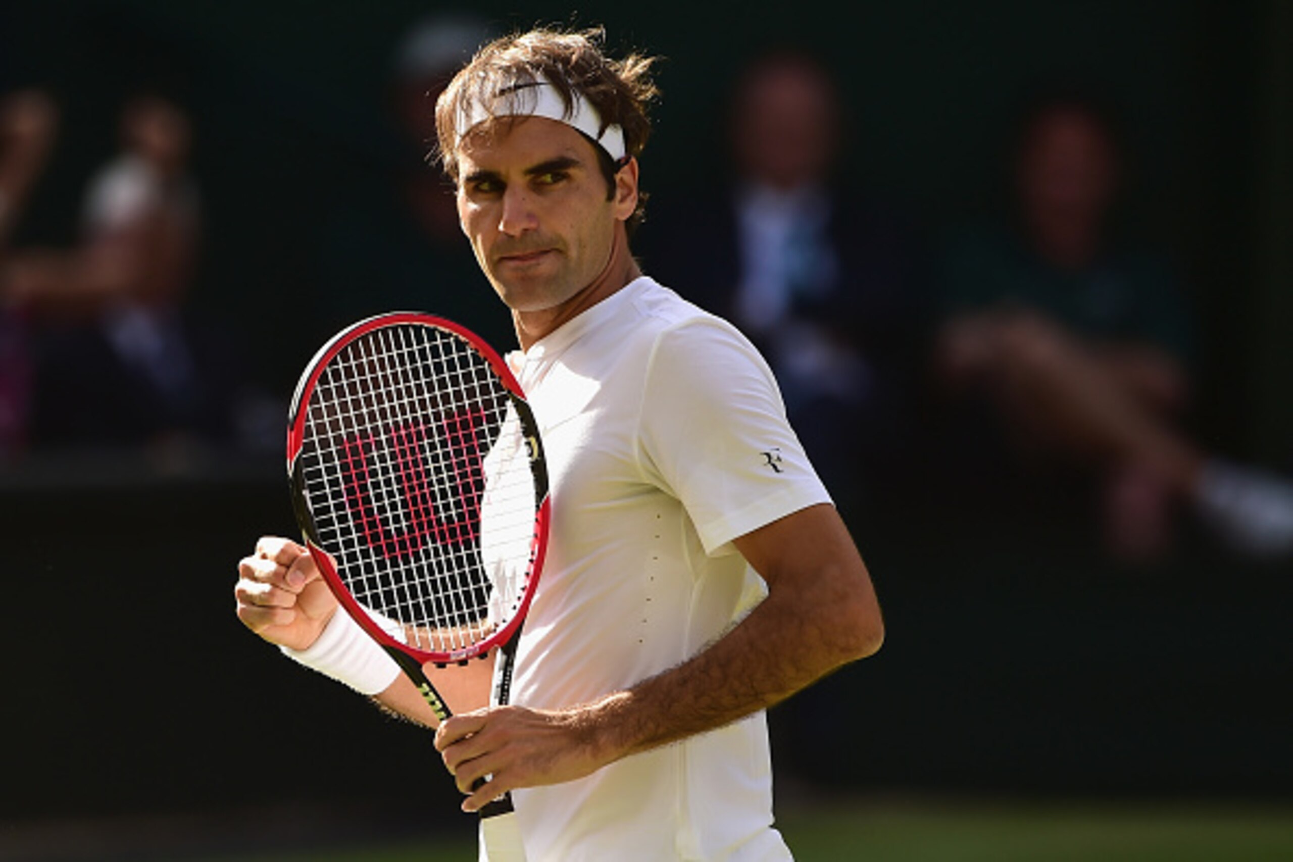 LONDON, ENGLAND - JULY 10: Roger Federer of Switzerland celebrates winning the second set in the Gentlemens Singles Semi Final match against Andy Murray of Great Britain during day eleven of the Wimbledon Lawn Tennis Championships at the All England Lawn LONDON, ENGLAND - JULY 10: Roger Federer of Switzerland celebrates winning the second set in the Gentlemens Singles Semi Final match against Andy Murray of Great Britain during day eleven of the Wimbledon Lawn Tennis Championships at the All England Lawn