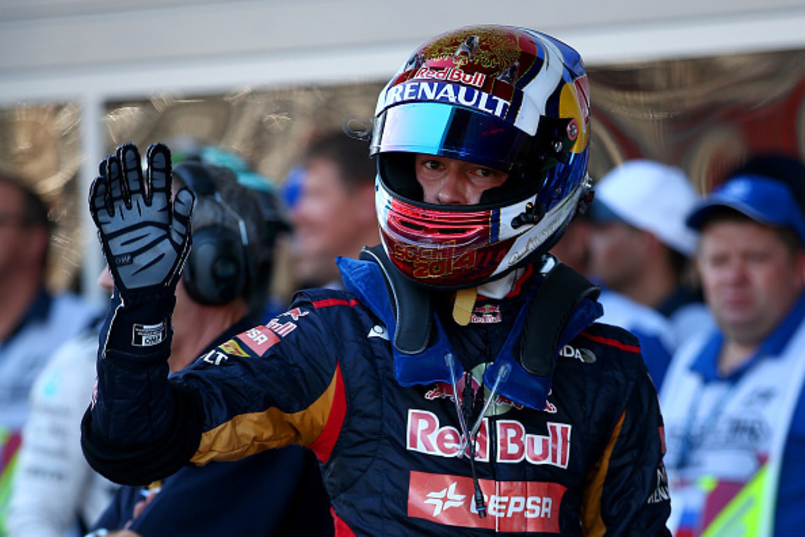 SOCHI, RUSSIA - OCTOBER 11: Daniil Kvyat of Russia and Scuderia Toro Rosso waves to the crowd in Parc Ferme after qualifying ahead of the Russian Formula One Grand Prix at Sochi Autodrom on October 11, 2014 in Sochi, Russia. (Photo by Mark Thompson/Gett SOCHI, RUSSIA - OCTOBER 11: Daniil Kvyat of Russia and Scuderia Toro Rosso waves to the crowd in Parc Ferme after qualifying ahead of the Russian Formula One Grand Prix at Sochi Autodrom on October 11, 2014 in Sochi, Russia. (Photo by Mark Thompson/Gett