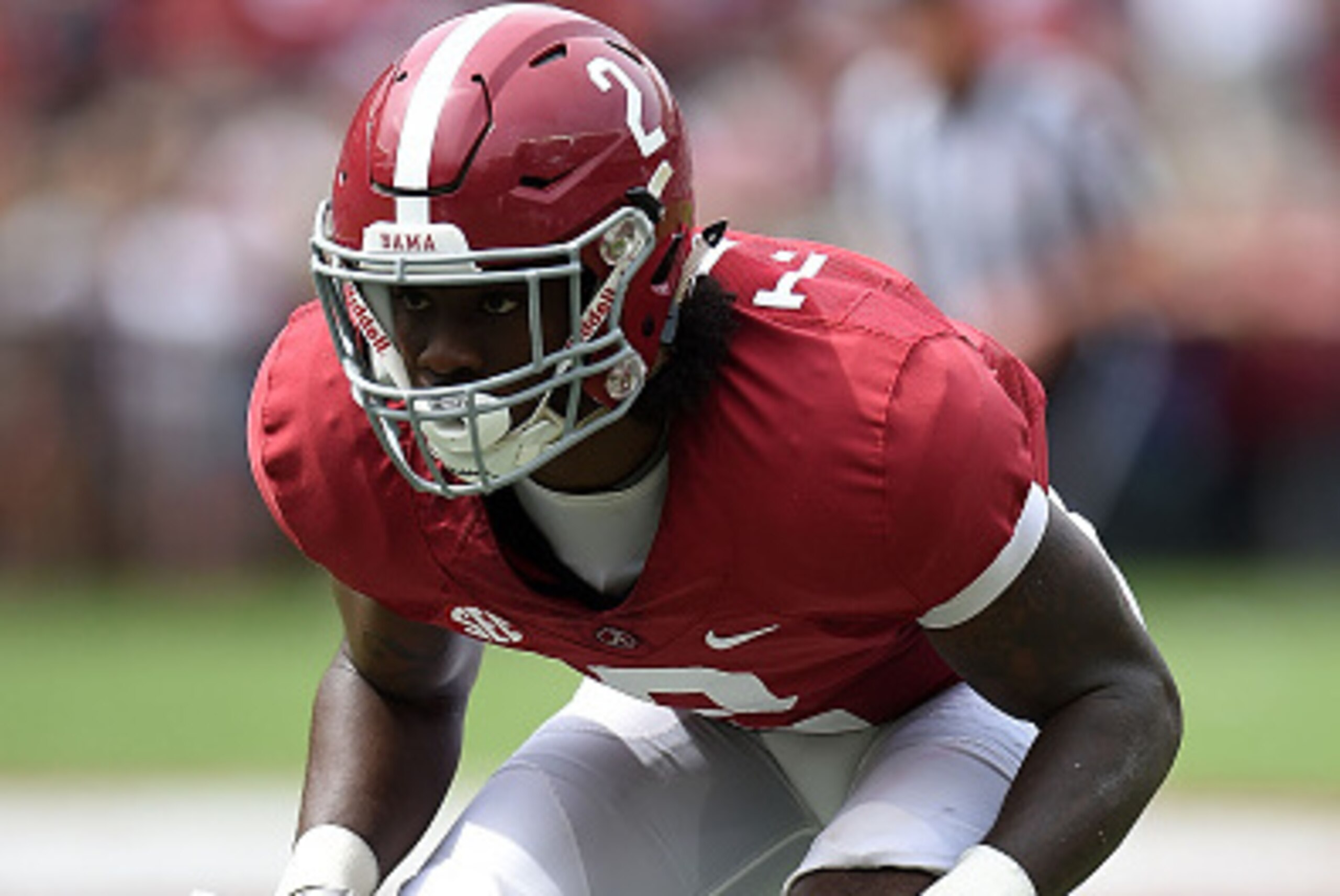 TUSCALOOSA, AL - APRIL 18:  Tony Brown #2 of the Crimson team anticipates a play during the University of Alabama Crimson Tide A-day spring game at Bryant-Denny Stadium on April 18, 2015 in Tuscaloosa, Alabama.  (Photo by Stacy Revere/Getty Images)
