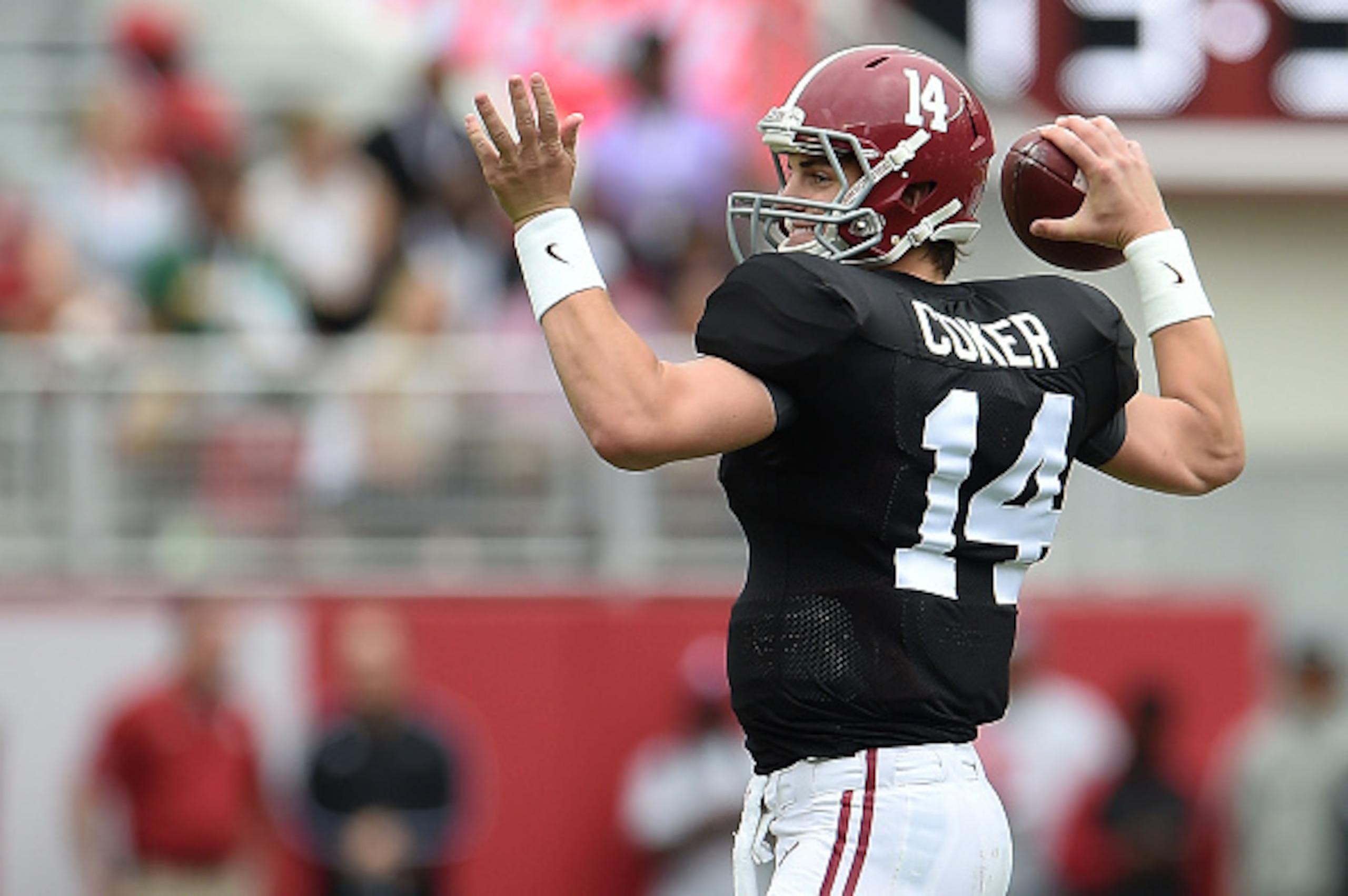 TUSCALOOSA, AL - APRIL 18:  Jake Coker #14 of the White team drops back to pass during the University of Alabama Crimson Tide A-day spring game at Bryant-Denny Stadium on April 18, 2015 in Tuscaloosa, Alabama.  (Photo by Stacy Revere/Getty Images)