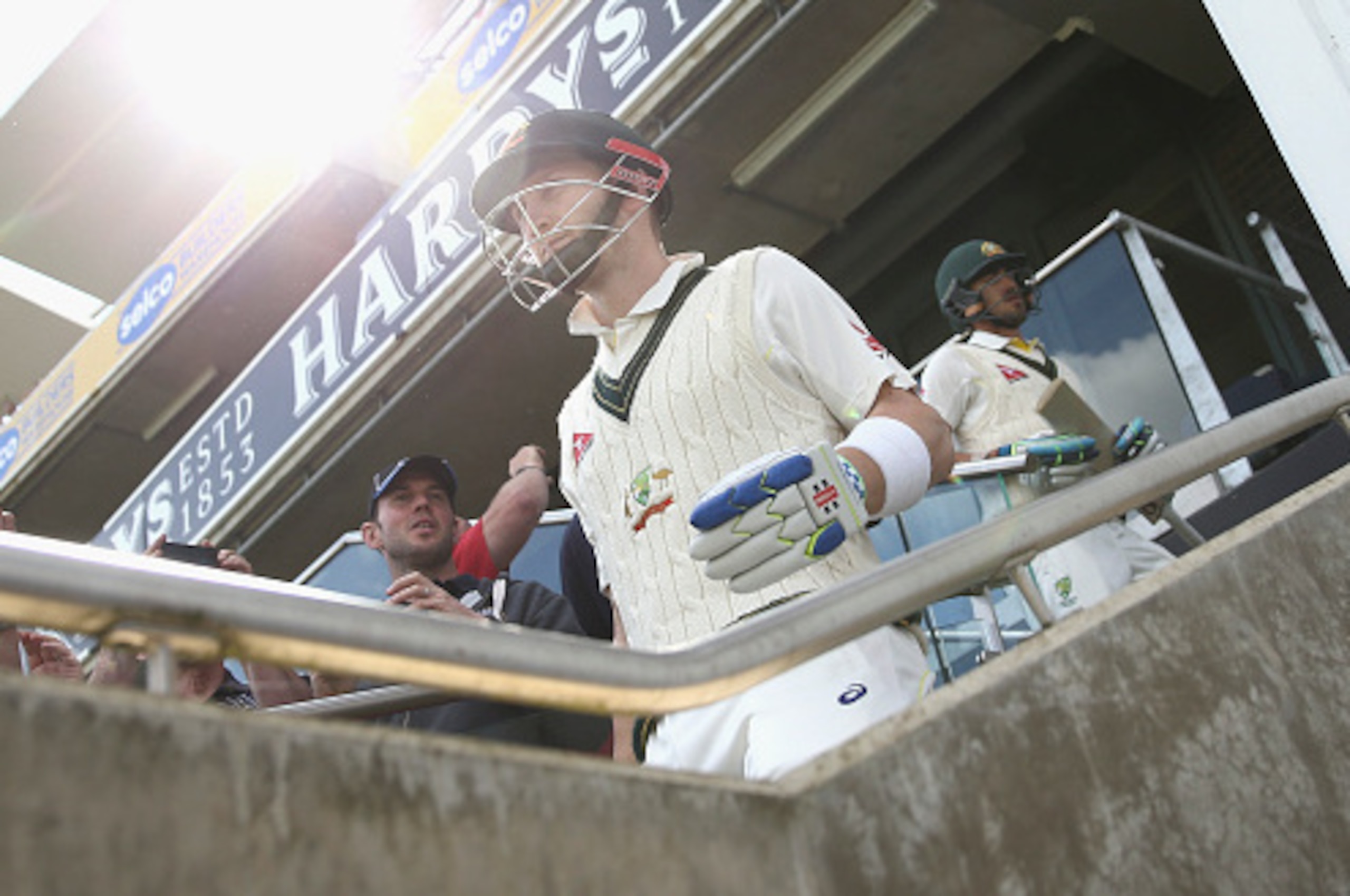 BIRMINGHAM, ENGLAND - JULY 31:  Peter Nevill of Australia and Mitchell Starc of Australia walk out to bat during day three of the 3rd Investec Ashes Test match between England and Australia at Edgbaston on July 31, 2015 in Birmingham, United Kingdom.  (Ph