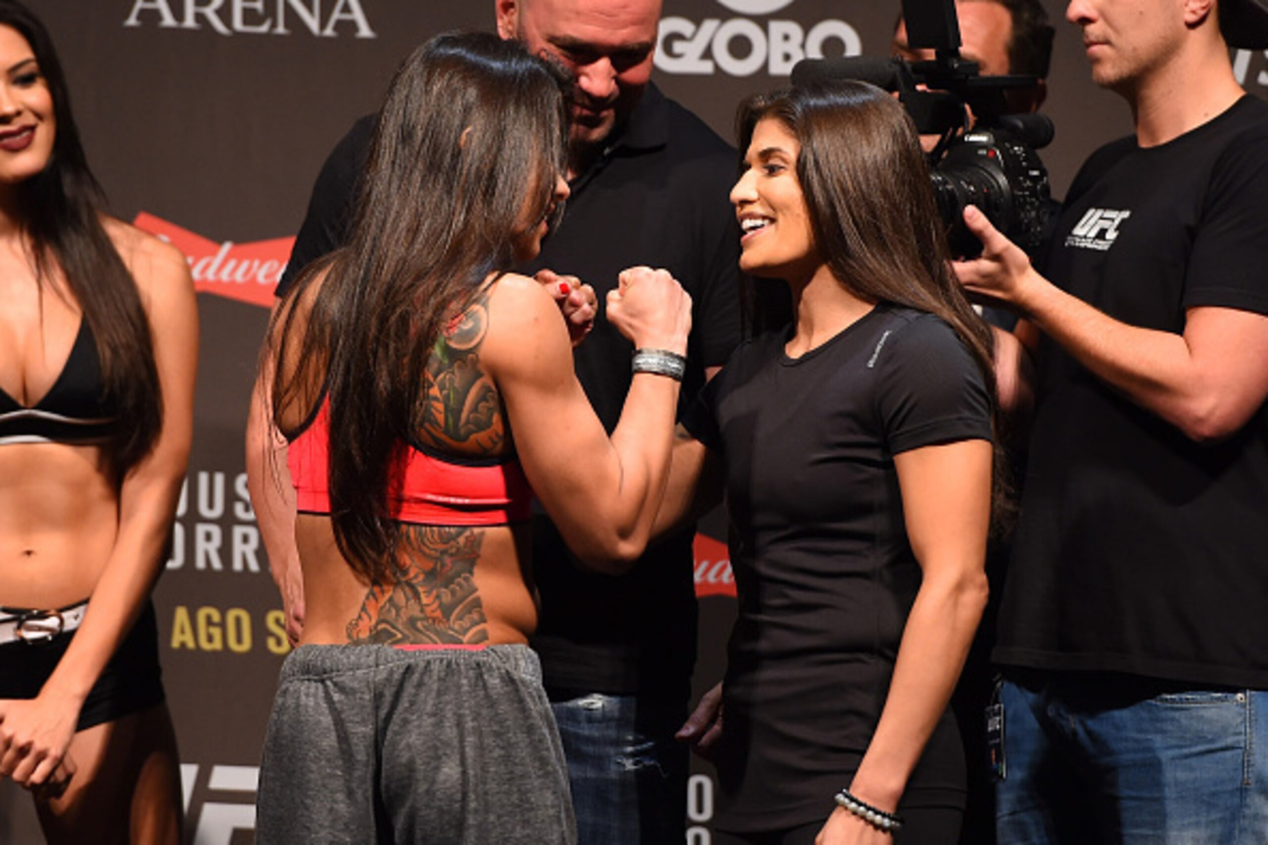 RIO DE JANEIRO, BRAZIL - JULY 31:  Claudia Gadelha and Jessica Aguilar face off during the UFC 190 weigh-in inside HSBC Arena on July 31, 2015 in Rio de Janeiro, Brazil.  (Photo by Josh Hedges/Zuffa LLC/Zuffa LLC via Getty Images)