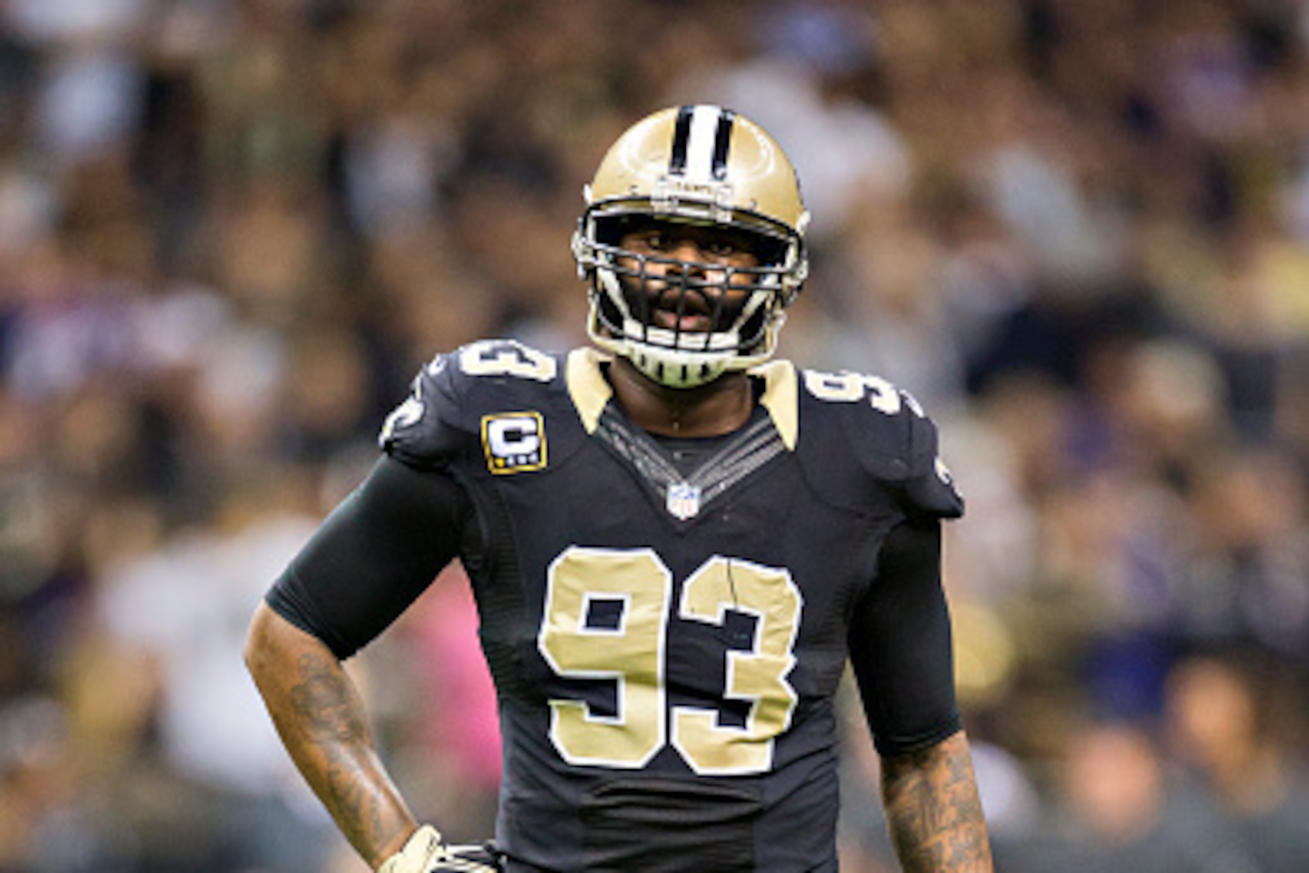 NEW ORLEANS, LA - NOVEMBER 24:  Junior Galette #93 of the New Orleans Saints on the field during a game against the Baltimore Ravens at Mercedes-Benz Superdome on November 24, 2014 in New Orleans, Louisiana.  The Ravens defeated the Saints 34-27.  (Photo 