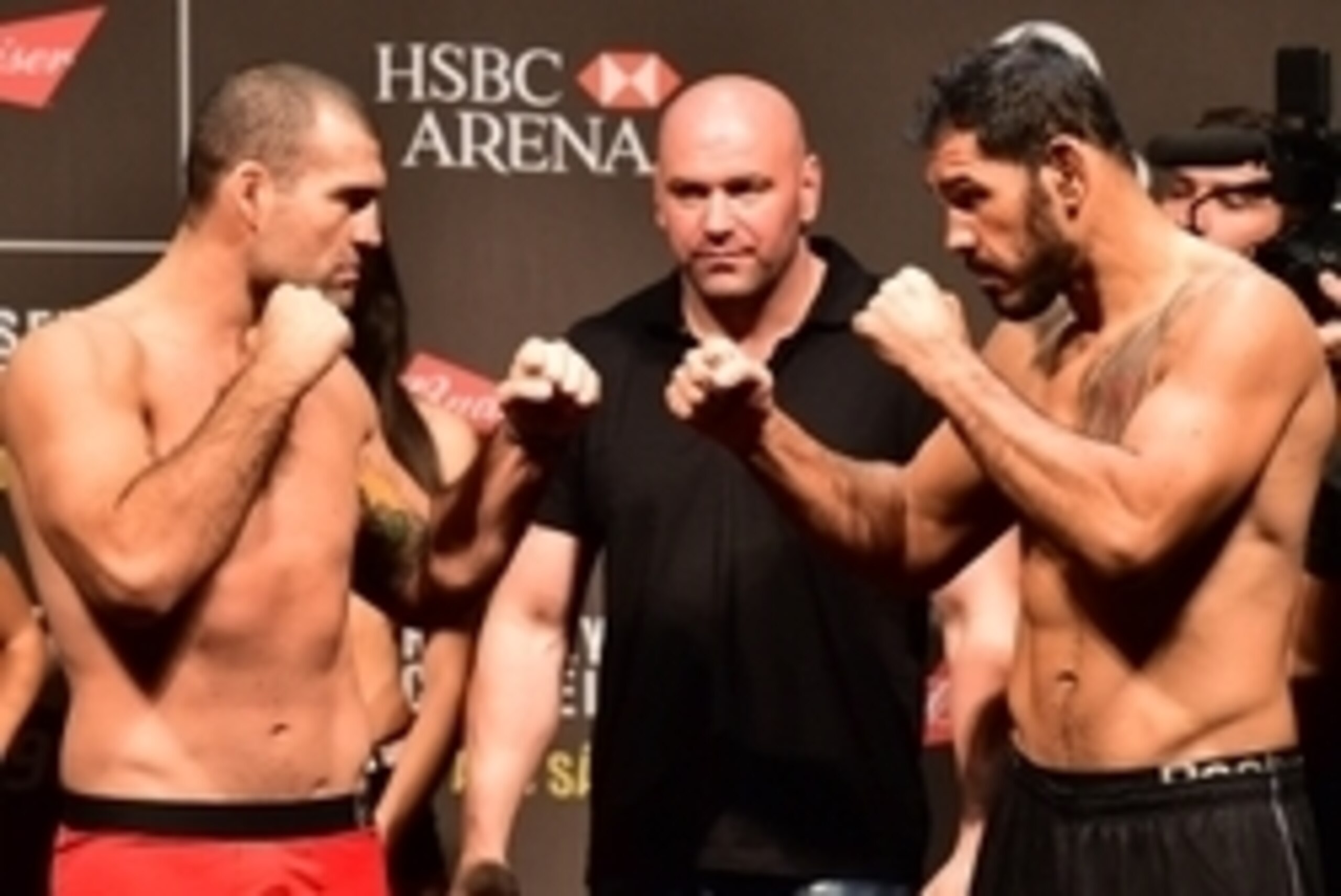 Jul 31, 2015; Rio de Janeiro, RJ, Brazil; Mauricio Rua (left) and Antonio Rogerio Nogueira (right) face off during weigh-ins for UFC 190 at HSBC Arena. Mandatory Credit: Jason Silva-USA TODAY Sports