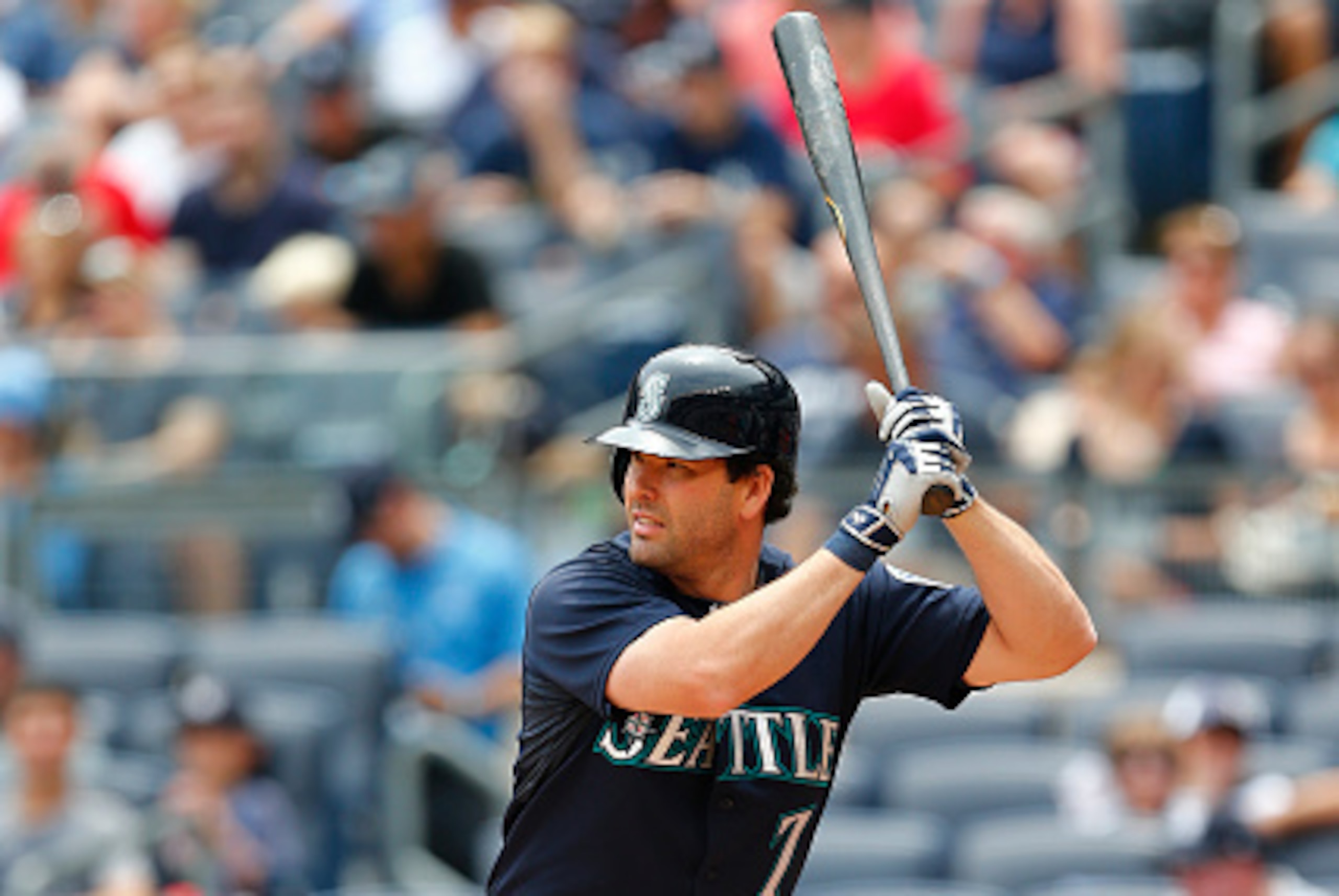 NEW YORK, NY - JULY 18: Seth Smith #7 of the Seattle Mariners in action during a MLB baseball game against the New York Yankees at Yankee Stadium on July 18, 2015 in the Bronx borough of New York City. (Photo by Rich Schultz/Getty Images)
