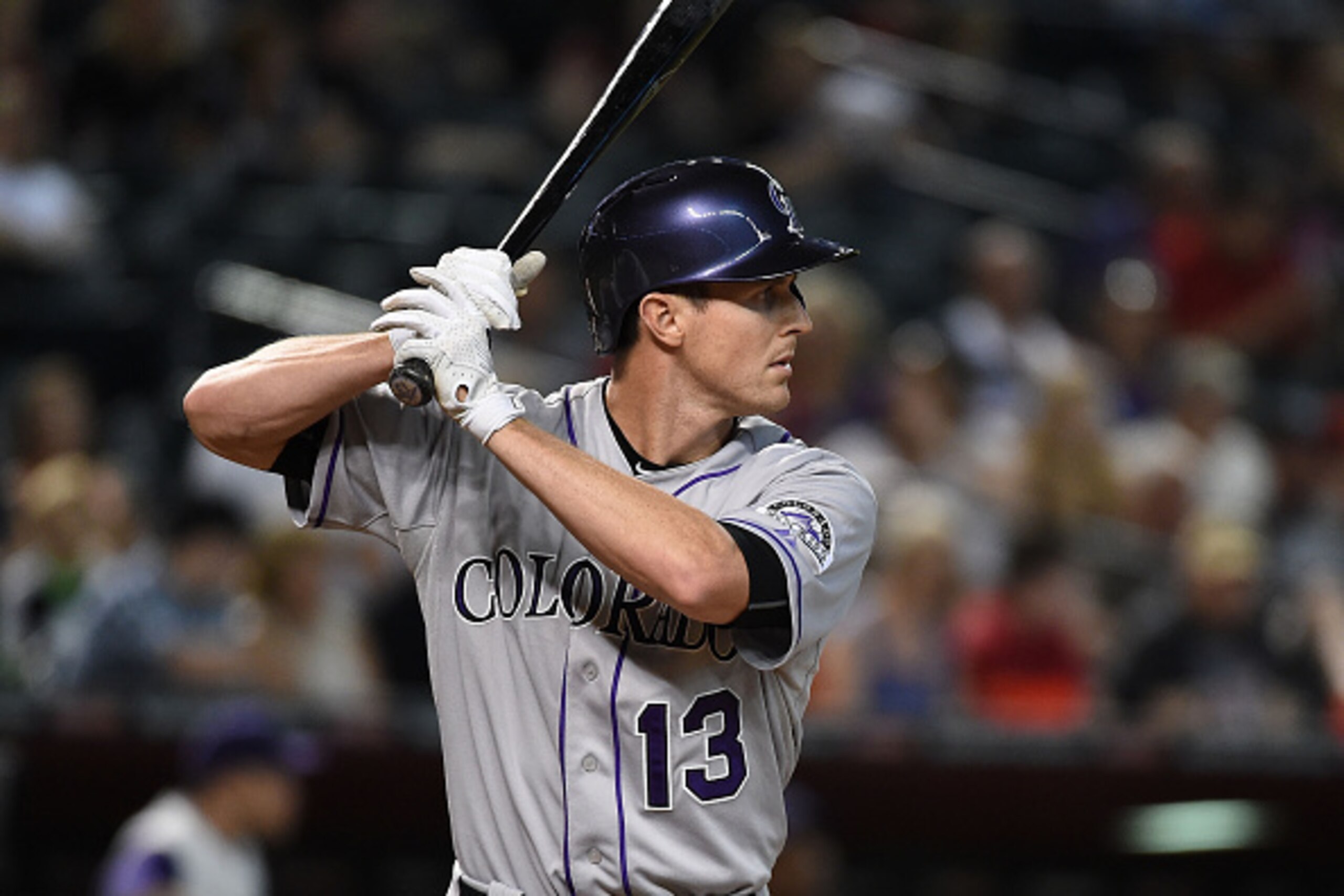 PHOENIX, AZ - JULY 02:  Drew Stubbs #13 of the Colorado Rockies gets ready in the batters box against the Arizona Diamondbacks at Chase Field on July 2, 2015 in Phoenix, Arizona. Arizona won 8-1.  (Photo by Norm Hall/Getty Images)