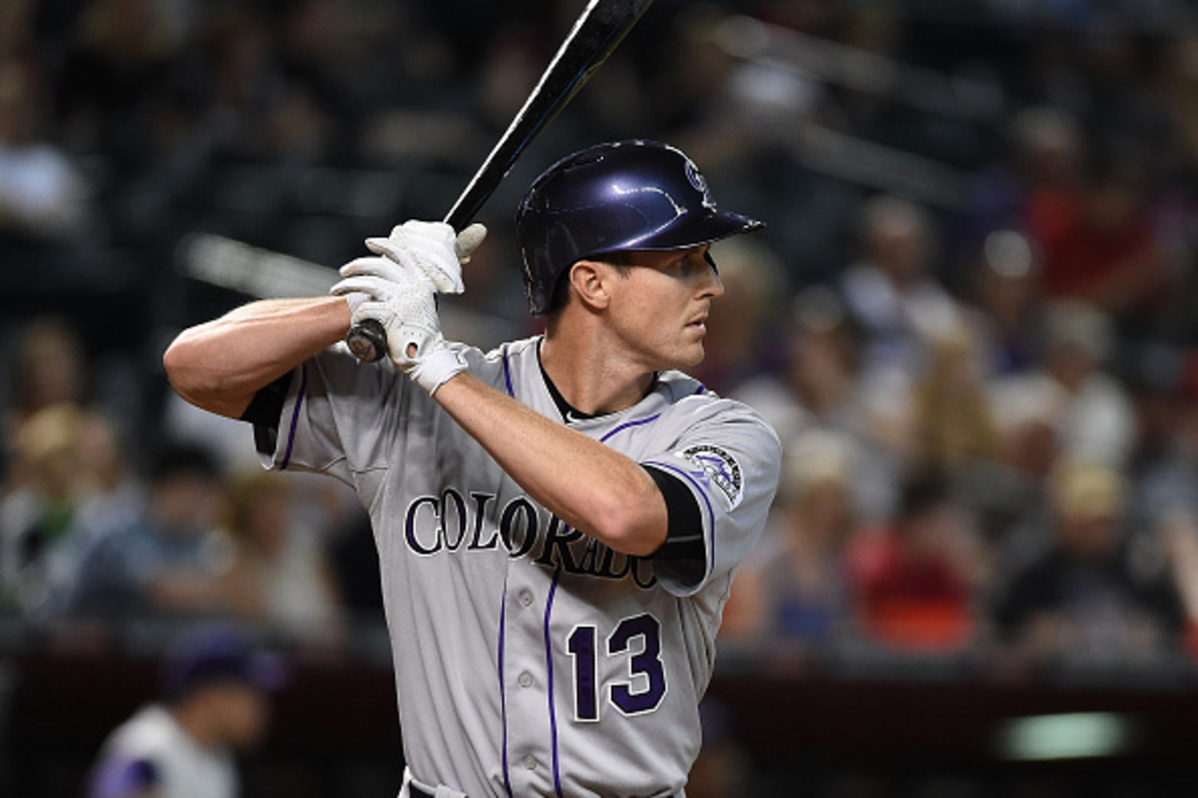PHOENIX, AZ - JULY 02:  Drew Stubbs #13 of the Colorado Rockies gets ready in the batters box against the Arizona Diamondbacks at Chase Field on July 2, 2015 in Phoenix, Arizona. Arizona won 8-1.  (Photo by Norm Hall/Getty Images)