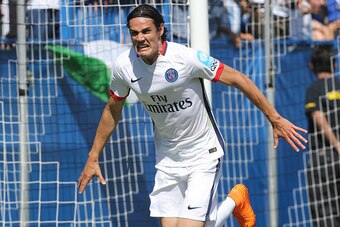 MONTREAL, QC  - AUGUST 1: Edinson Cavani of PSG celebrates scoring the second goal for his team during the 2015 Trophee des Champions between Paris Saint-Germain (PSG) and Olympique Lyonnais (OL) at Stade Saputo on August 1, 2015 in Montreal, Quebec, Cana