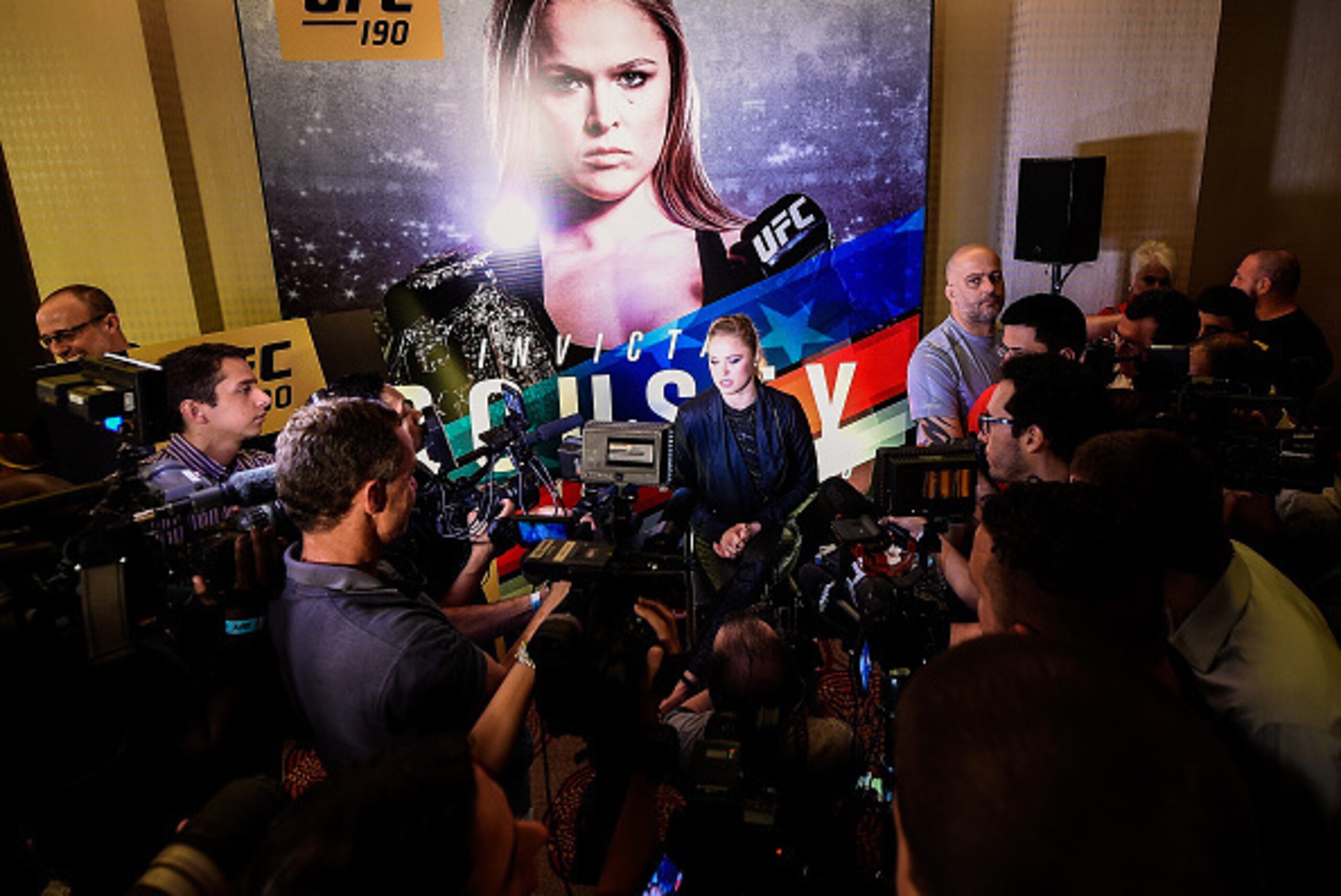 RIO DE JANEIRO, BRAZIL - JULY 30: Bantamweight fighter Ronda Rousey of the United States speaks with the media during Ultimate Media Day at Sheraton Hotel on July 30, 2015 in Rio de Janeiro, Brazil. (Photo by Buda Mendes/Zuffa LLC/Zuffa LLC via Getty Imag