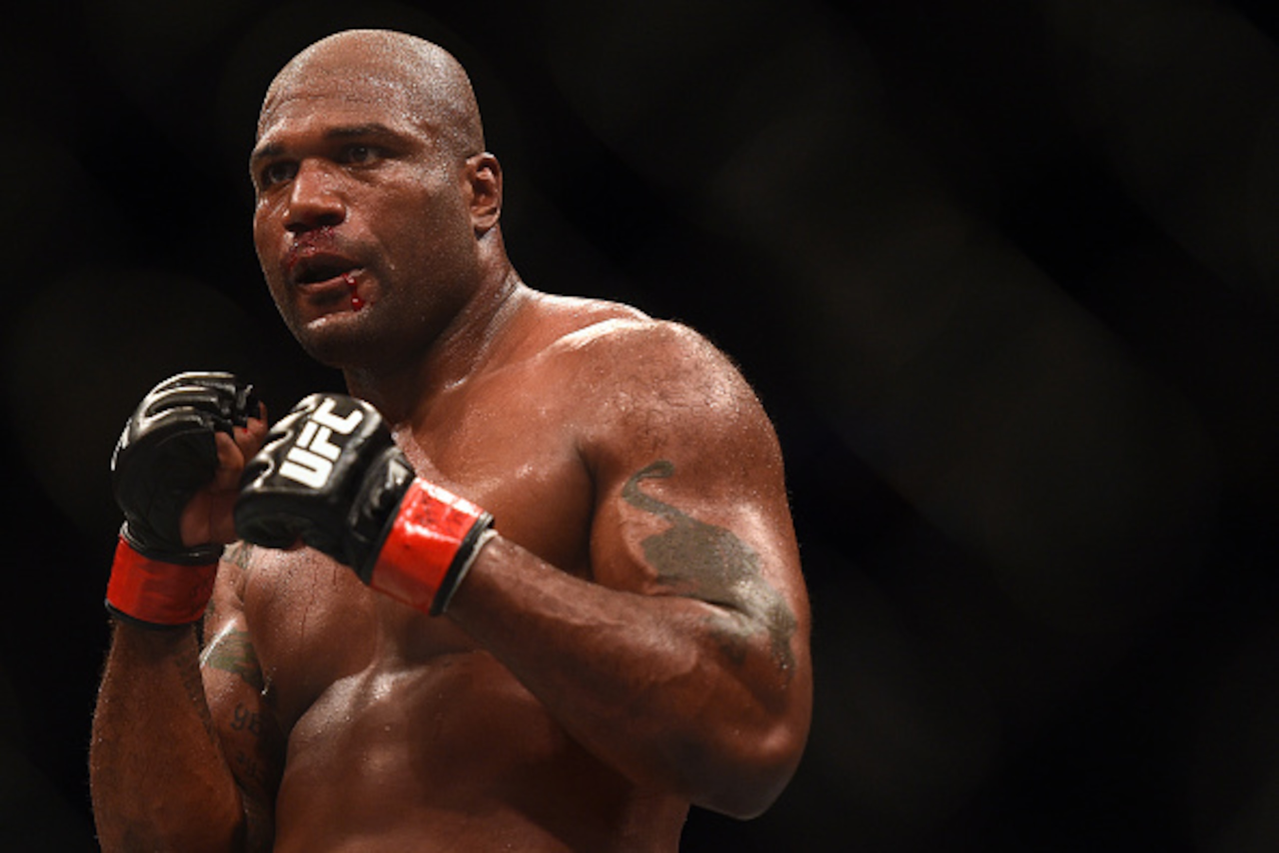 MONTREAL, QC - APRIL 25:  Quinton 'Rampage' Jackson of the United States faces Fabio Maldonado of Brazil in their UFC catchweight bout during the UFC 186 event at the Bell Centre on April 25, 2015 in Montreal, Quebec, Canada. (Photo by Jeff Bottari/Zuffa 