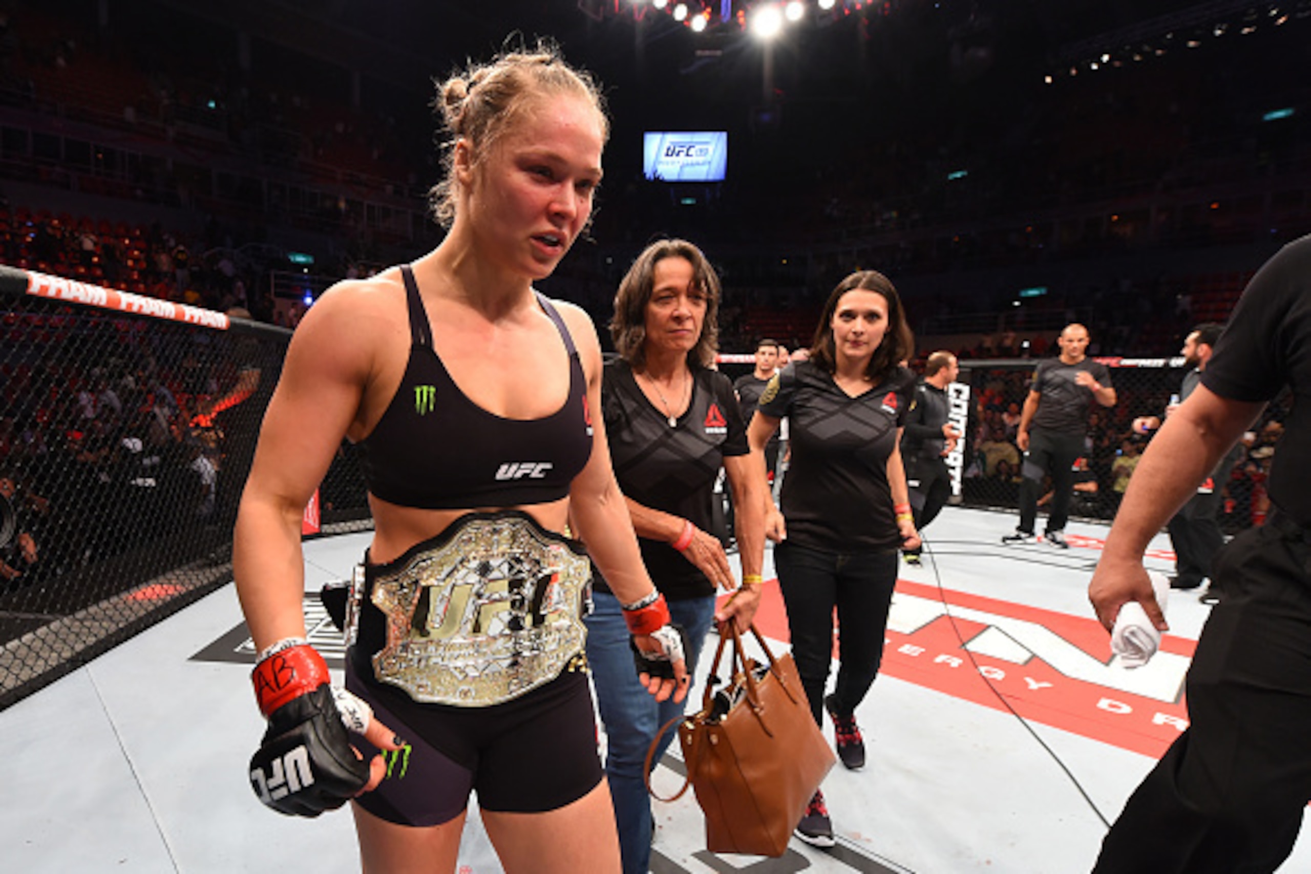 RIO DE JANEIRO, BRAZIL - AUGUST 01:  Ronda Rousey of the United States celebrates her knock out victory over Bethe Correia of Brazil in the first round in their UFC women's bantamweight championship bout during the UFC 190 event inside HSBC Arena on Augus