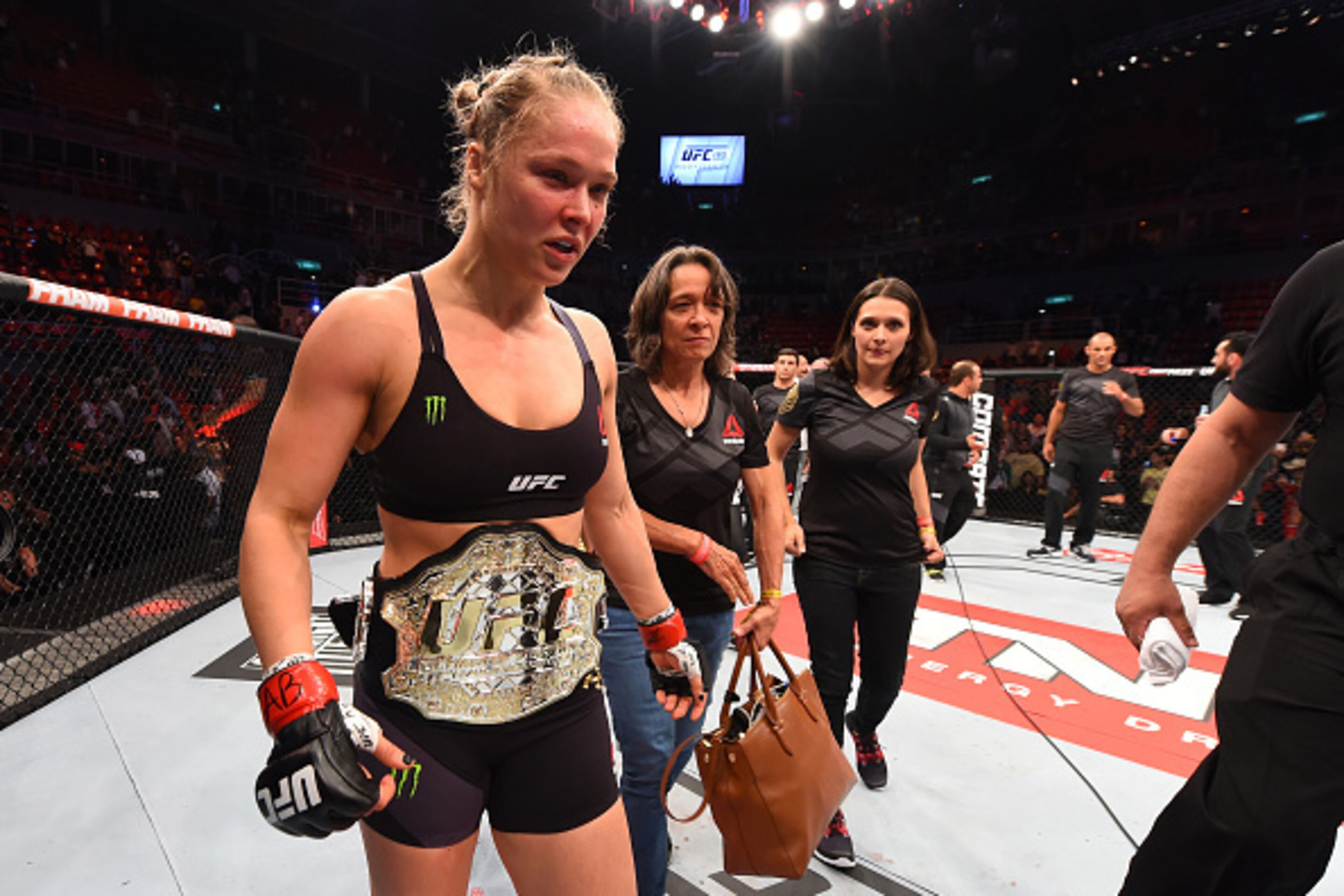RIO DE JANEIRO, BRAZIL - AUGUST 01:  Ronda Rousey of the United States celebrates her knock out victory over Bethe Correia of Brazil in the first round in their UFC women's bantamweight championship bout during the UFC 190 event inside HSBC Arena on Augus