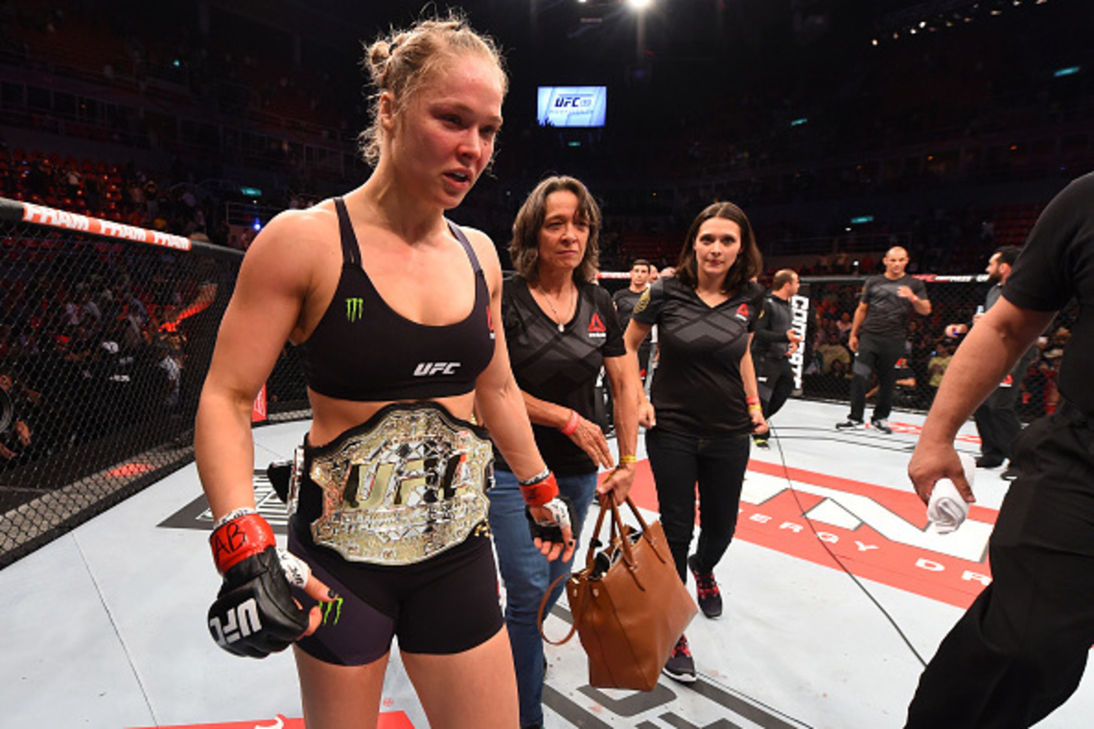 RIO DE JANEIRO, BRAZIL - AUGUST 01:  Ronda Rousey of the United States celebrates her knock out victory over Bethe Correia of Brazil in the first round in their UFC women's bantamweight championship bout during the UFC 190 event inside HSBC Arena on Augus