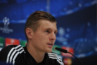 MADRID, SPAIN - APRIL 21:  Toni Kroos of Real Madrid answers a question from a journalist during his press conference at Valdebebas grounds ahead of the UEFA Champions League Quarter Final, Second Leg match on April 21, 2015 in Madrid, Spain.  (Photo by D